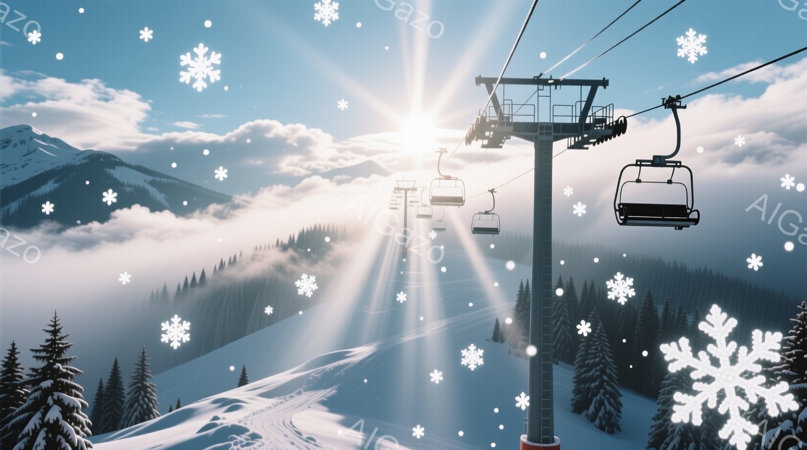 雪が舞うスキー場で、リフトが雪山を背景にそびえ立っています。太陽の光が雪面に反射し、強い輝きを放ち、遠くの山々は霧に包まれ幻想的な雰囲気を醸し出しています。雪に覆われた木々やリフトの軌道が、冬の静寂と - AI生成フリー素材