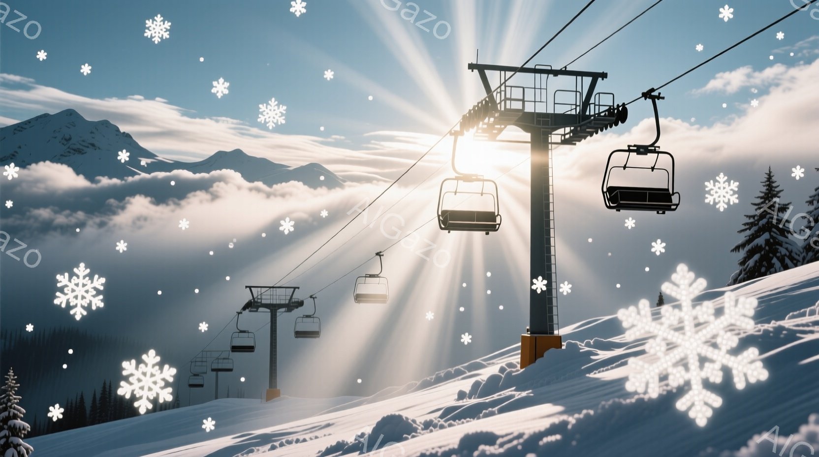 雪山を背景にスキーリフトが描かれています。リフトは雪に覆われた傾斜を登っており、晴れた空の下、太陽の光が雪面とリフトに反射して輝いています。背景には遠くの山々が見え、全体的に爽やかで冬の自然の美しさを - AI生成フリー素材