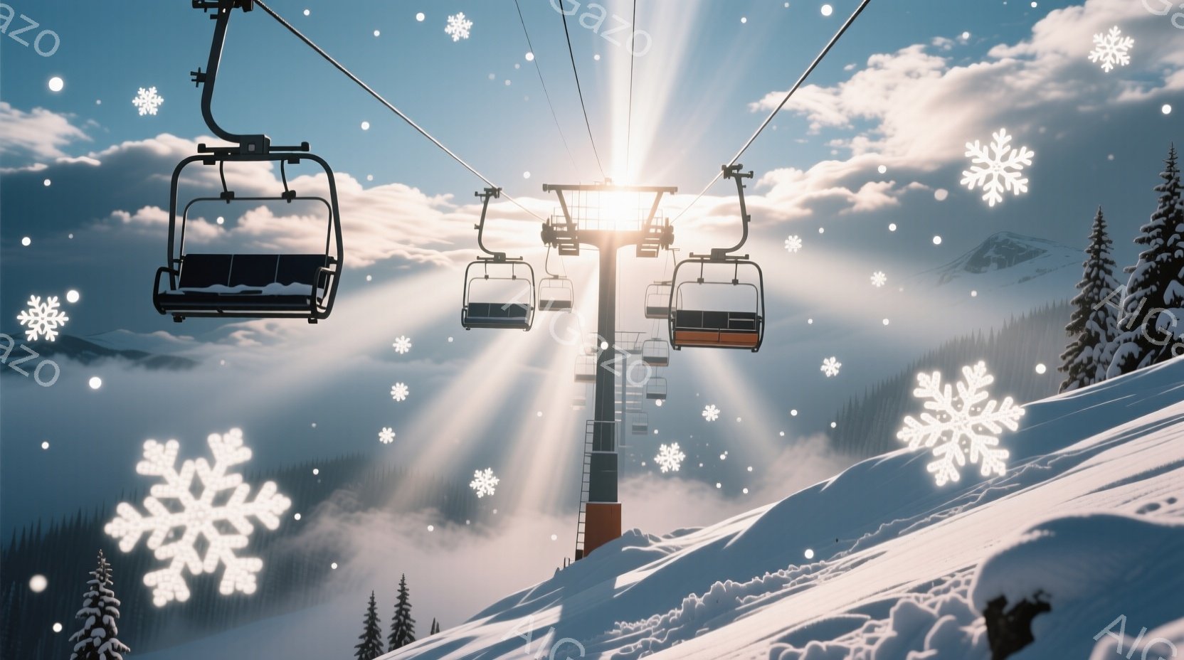 雪山を背景に、スキーリフトが描かれています。リフトは白い雪の上を走り、遠くには霧に包まれた山々が見えます。太陽の光が雪原に反射し、キラキラと輝く冬の風景が広がっています。