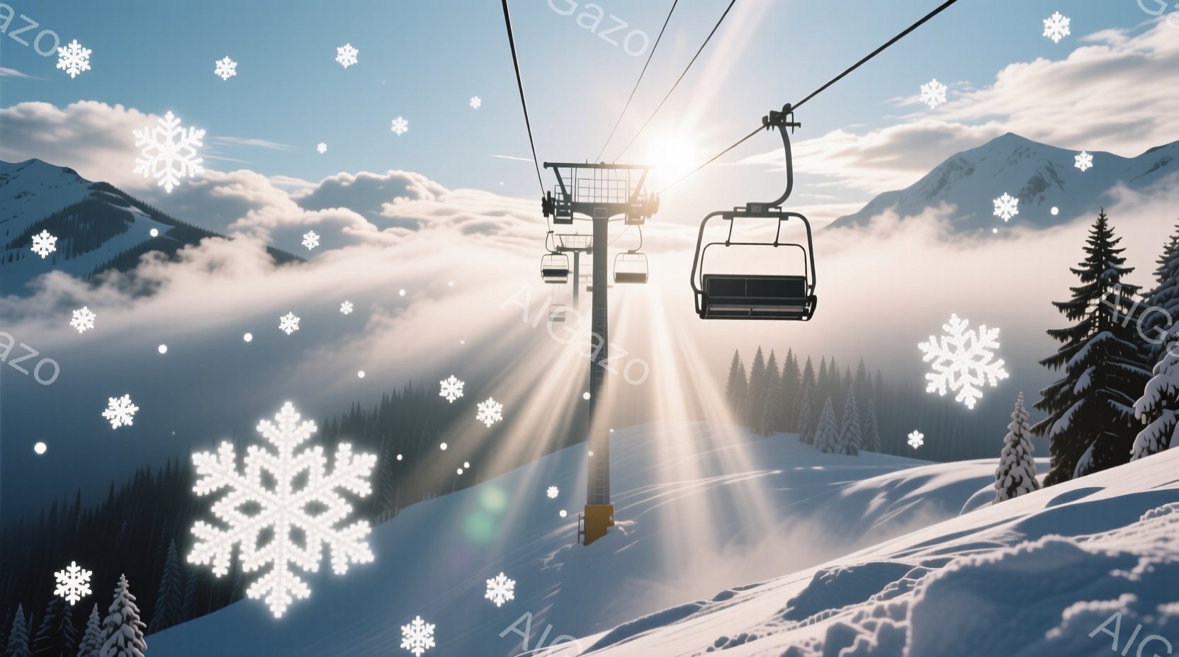 雪に覆われた山々を背景に、リフトが輝く太陽に向かって伸びています。リフトには人が乗っており、雪景色の中を進んでいます。全体的に、静かで美しい冬の風景が広がっており、穏やかな雰囲気が感じられます。