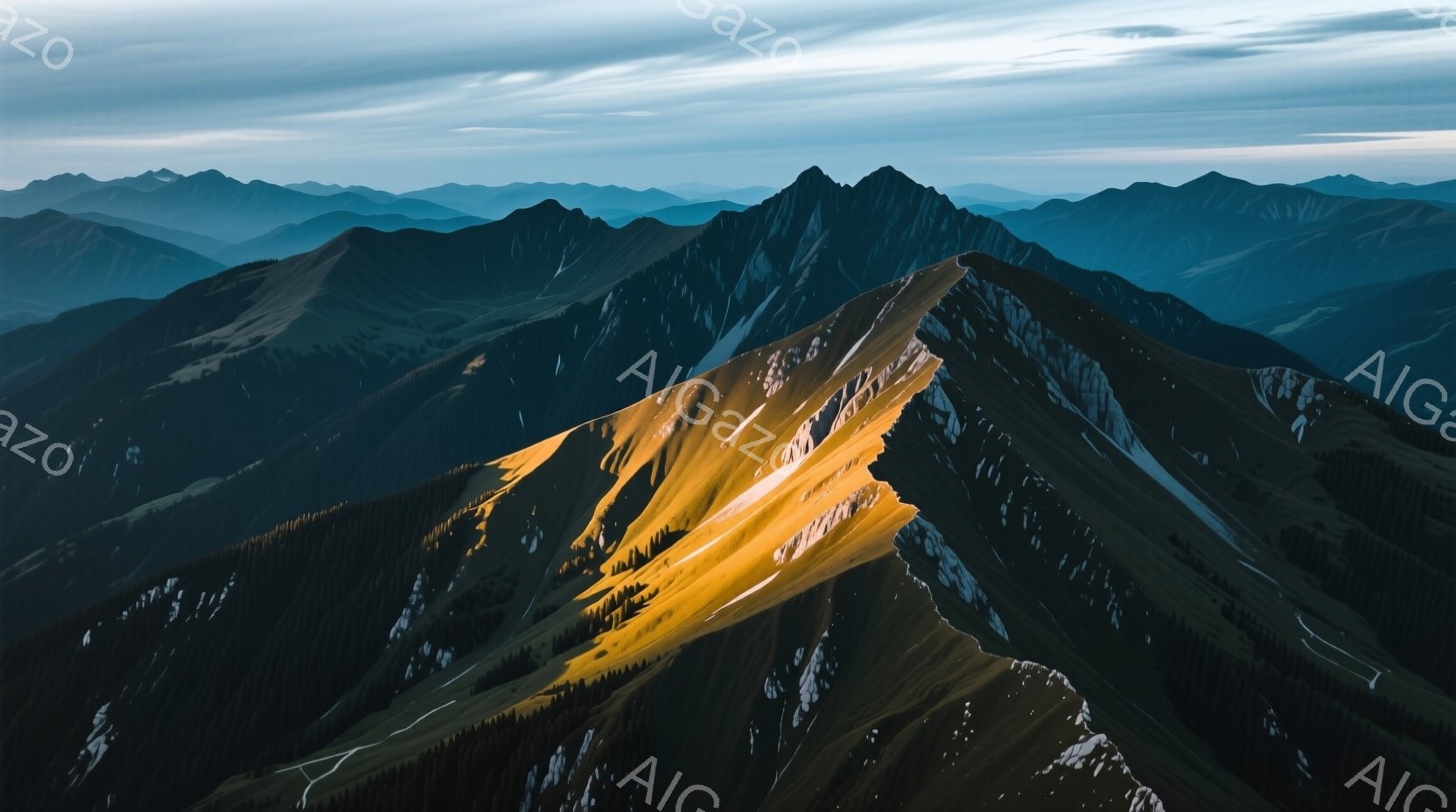 険しい山々が連なり、その稜線に夕日の光が黄金色に照らされている風景です。山肌にはまだ雪が残り、深い緑の森林と対照的で、荘厳な雰囲気を醸し出しています。遠くには霞んだ山々が重なり、幻想的で静寂な自然の美しさを感じさせます。