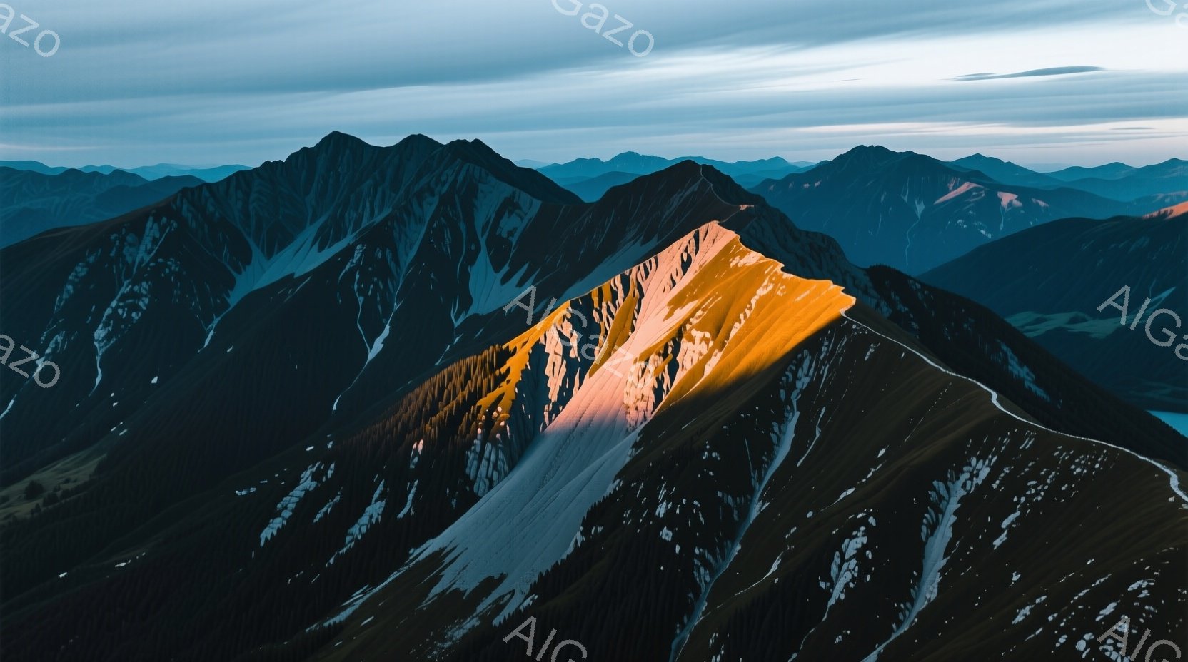 険しい山々が連なり、雪と緑が織りなすコントラストが印象的だ。夕暮れ時の太陽光が、一部の山肌を鮮やかなオレンジ色に染め上げ、神秘的な雰囲気を醸し出している。遠くには霞んだ山々が連なり、壮大な自然の風景が広がる。