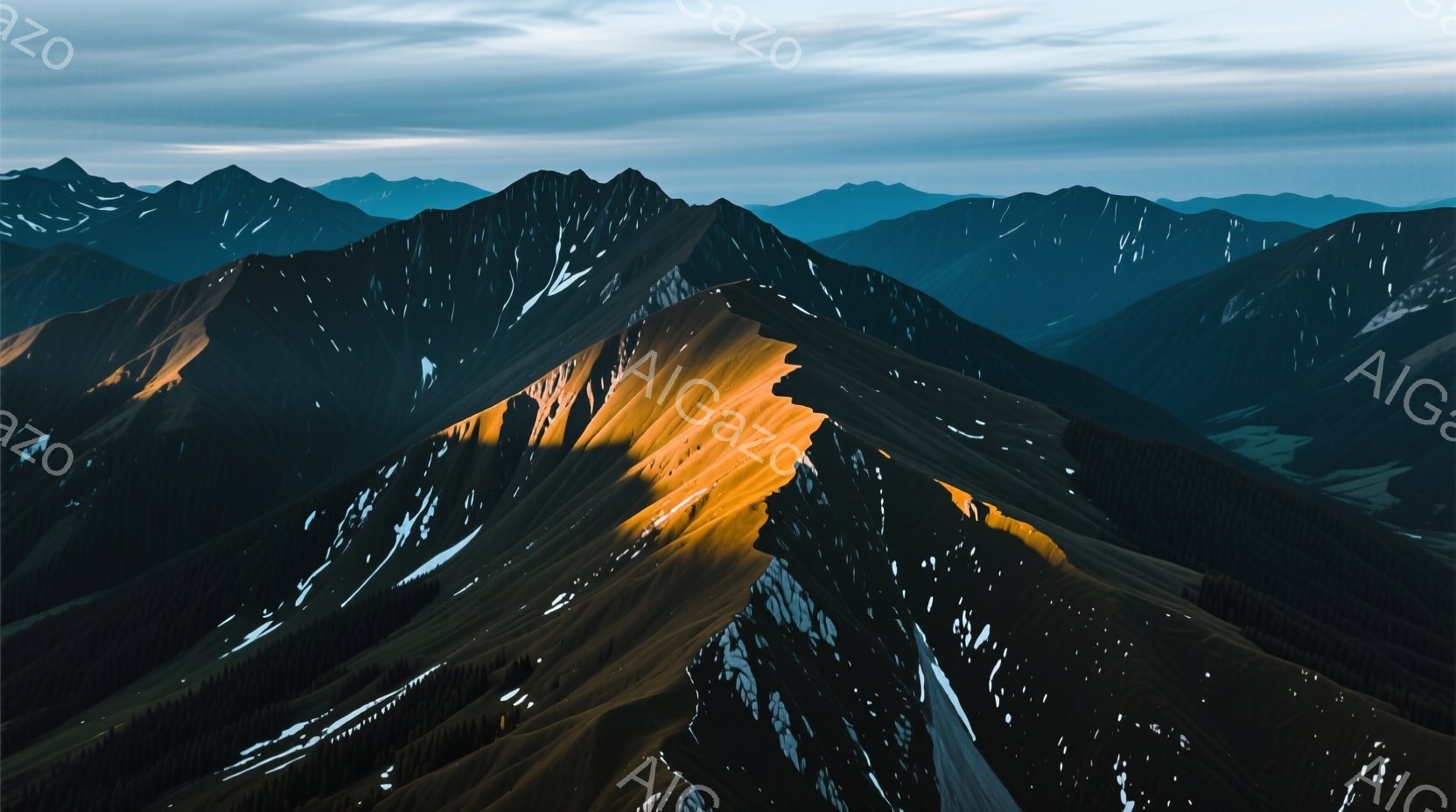 険しい山々が連なり、夕暮れ時の光が斜面を照らしている。雪はまだ山頂付近に残っており、影が深く伸びることで立体感が強調されている。 全体的に静寂で厳かな雰囲気であり、自然の雄大さを感じさせる風景だ。