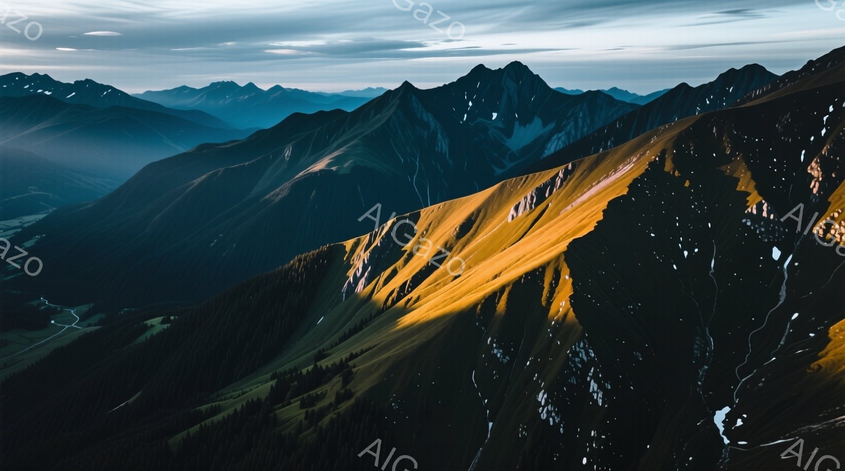 険しい山々が連なり、強いコントラストで照らされた山肌が印象的です。斜面にはまだ雪が残り、緑豊かな森林と合わさり、自然の力強さを感じさせます。薄暗い空と山のシルエットが、静寂で神秘的な雰囲気を醸し出しています。