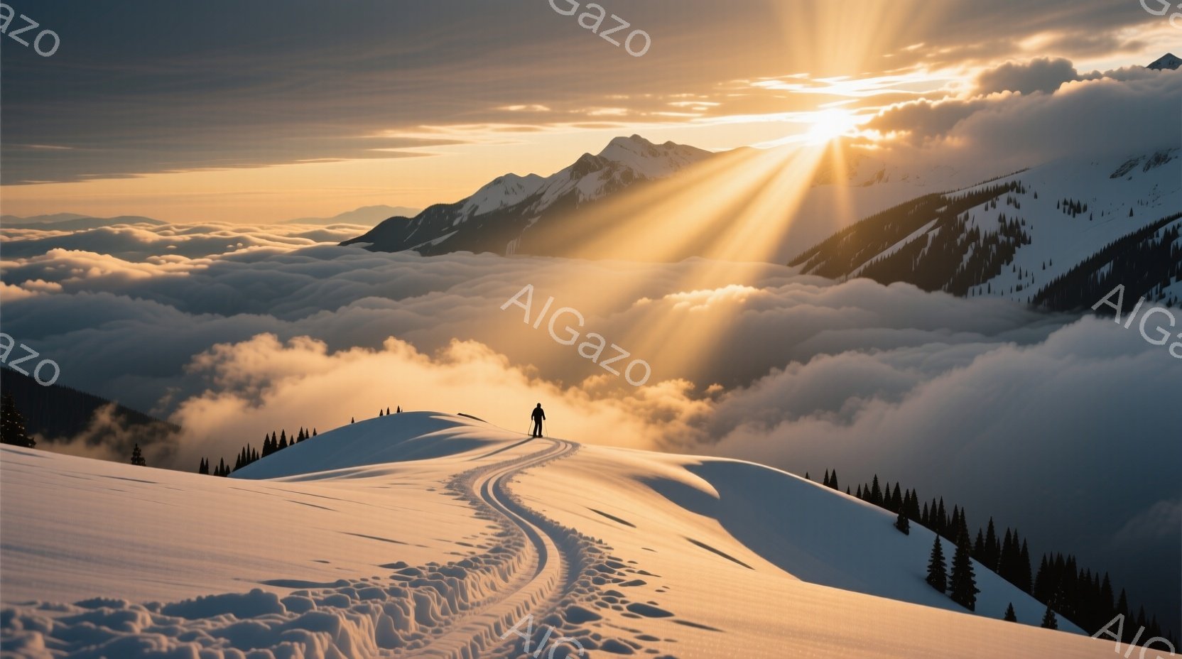 白い雪山を一人、スキーヤーが滑っている様子が捉えられています。夕焼けのようなオレンジ色の光が雲と雪山を照らし、ドラマチックな景色を作り出しています。足跡が雪面に残るトレイルと、遠くに見える他の雪山が、 - AI生成フリー素材