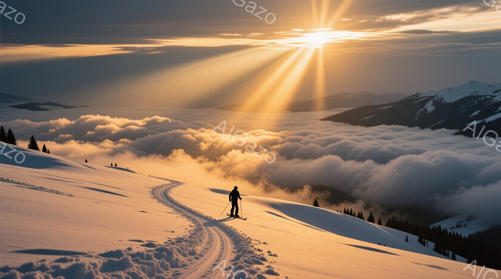 雪山を一人でスキーをする男性が描かれている。彼は黒いスキーウェアを着用し、後ろ姿で表情は読み取れないが、滑降の姿勢から楽しんでいる様子が伝わる。背景には雲海が広がり、夕日の光が雲と雪山を照らし、幻想的で静寂な雰囲気を醸し出している。