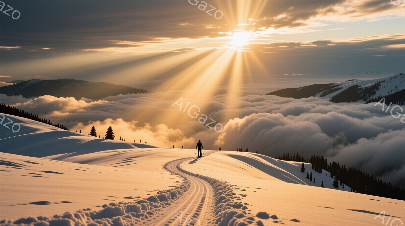雪に覆われた山々の稜線を一人、スキーヤーが滑り降りている。太陽は雲海から顔を出し、力強い光線を放ち、雪原を黄金色に染め上げている。静寂に包まれ、壮大な自然の力強さと、スキーヤーの孤独な挑戦が感じられる - AI生成フリー素材