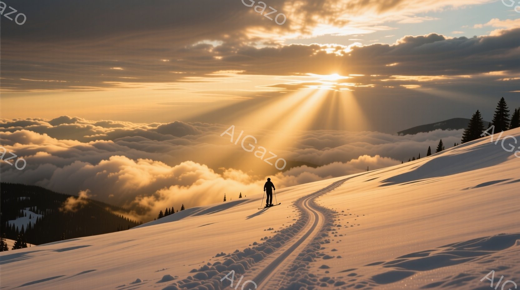 雪に覆われた山肌を、スキーヤーが一人ゆっくりと滑り降りている。夕焼けのような暖かな光が雲海を照らし、スキーヤーの背中を照らすことで、静寂かつ神秘的な雰囲気が漂う。遠方には針葉樹林が見え、冬の澄んだ空気 - AI生成フリー素材