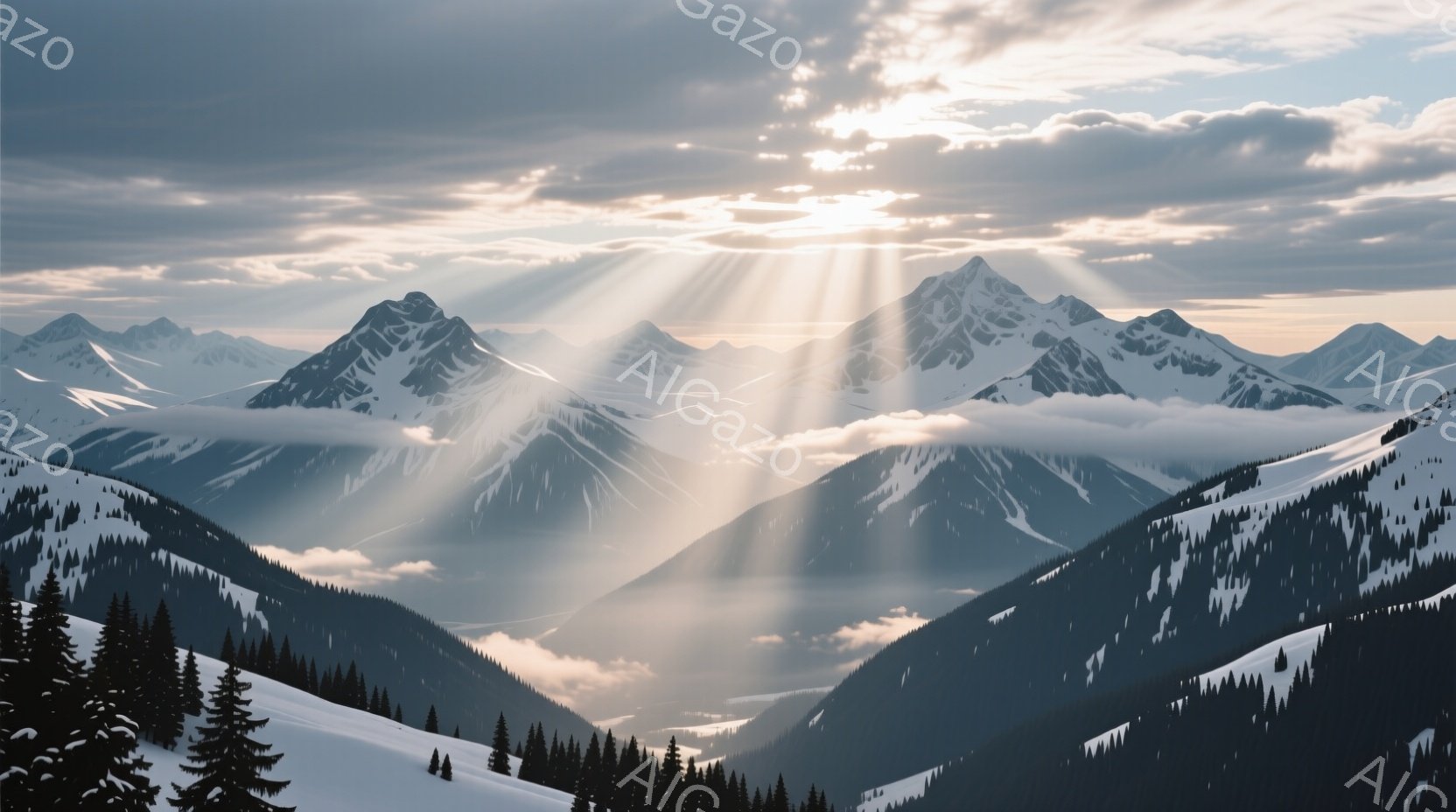雪をまとった山々が連なり、太陽の光線が雲間から差し込み、壮大な自然の風景が広がっています。谷間には針葉樹林が広がり、雪に覆われた山肌とコントラストを描いています。空は明るく、全体的に静寂で神聖な雰囲気 - AI生成フリー素材