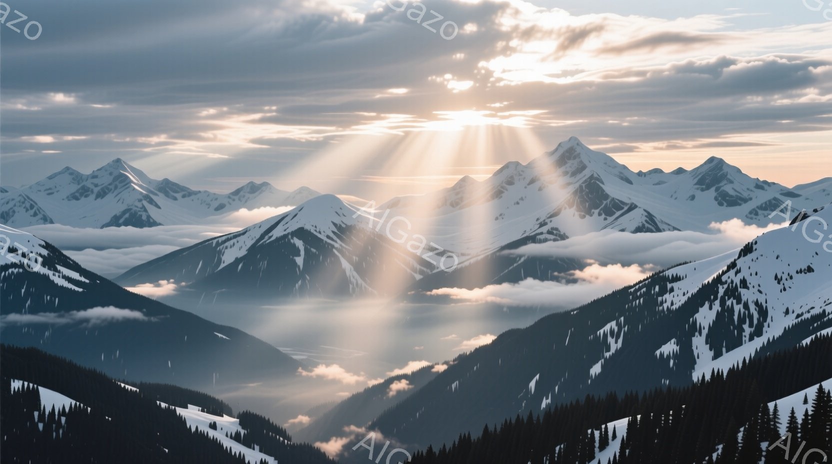 遠くの山々は雪に覆われ、朝日の光が雲間から差し込み、壮大な景色を作り出している。山肌には針葉樹林が広がり、斜面にはスキー場らしき施設が見える。全体的に冷たく澄んだ空気を感じさせ、静寂の中に力強さを感じさせる光景だ。