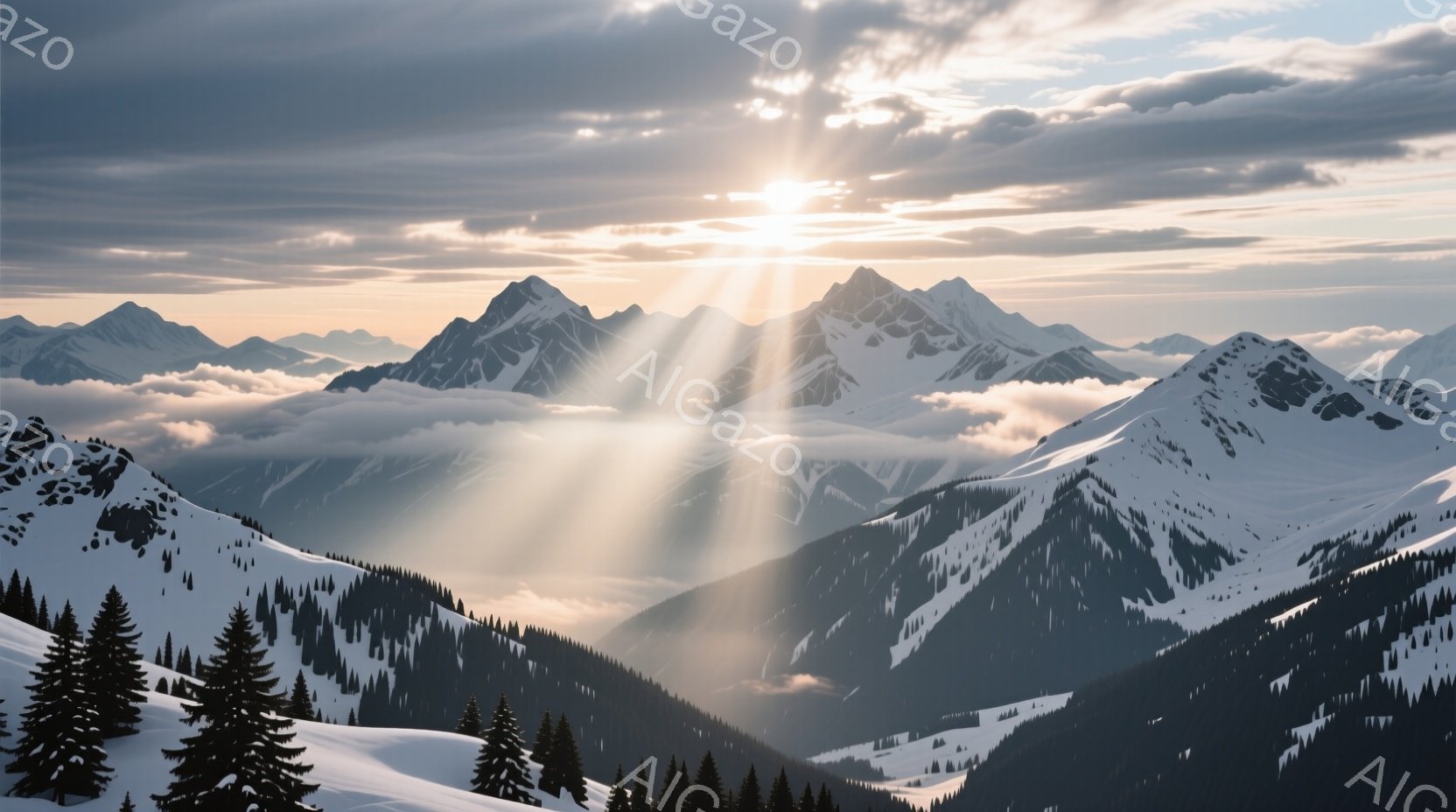 雄大な雪山が連なり、強い日差しが雲間から差し込んでいる様子が描かれている。山々は雪に覆われ、一部には針葉樹の森林が点在し、険しい地形と美しい自然が共存している。全体的に静かで荘厳な雰囲気で、冬の厳しい自然の力強さを感じさせる。
