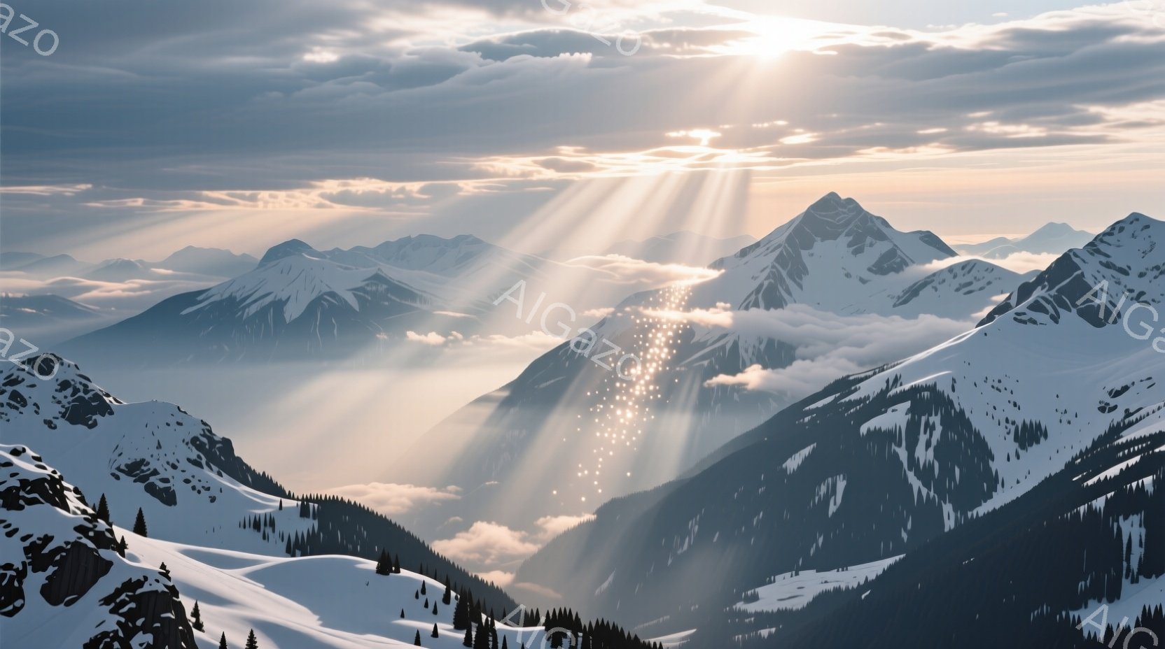 雪をまとった険しい山々が連なり、雲海からそびえ立つ壮大な光景が広がっている。太陽光が雲間から差し込み、雪山を照らし出し、まるで神々しい光の柱が天から降り注いでいるかのような幻想的な雰囲気だ。深い影と眩い光のコントラストが、冬の自然の厳しさと美しさを際立たせている。