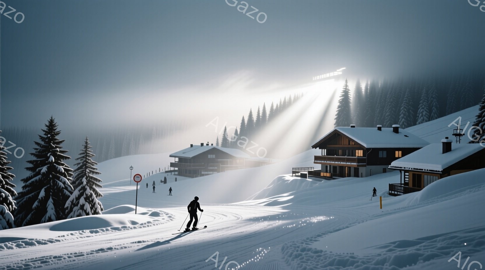 雪深いスキー場で、一人のスキーヤーが斜面を下っている姿が捉えられている。彼は黒いスキーウェアとゴーグルを着用し、視線は進行方向へ向けている。背景には雪を頂いた木々と、暖色系のライトが灯った可愛らしい木造の建物群が広がり、太陽光線が雲間から差し込み幻想的な雰囲気を醸し出している。