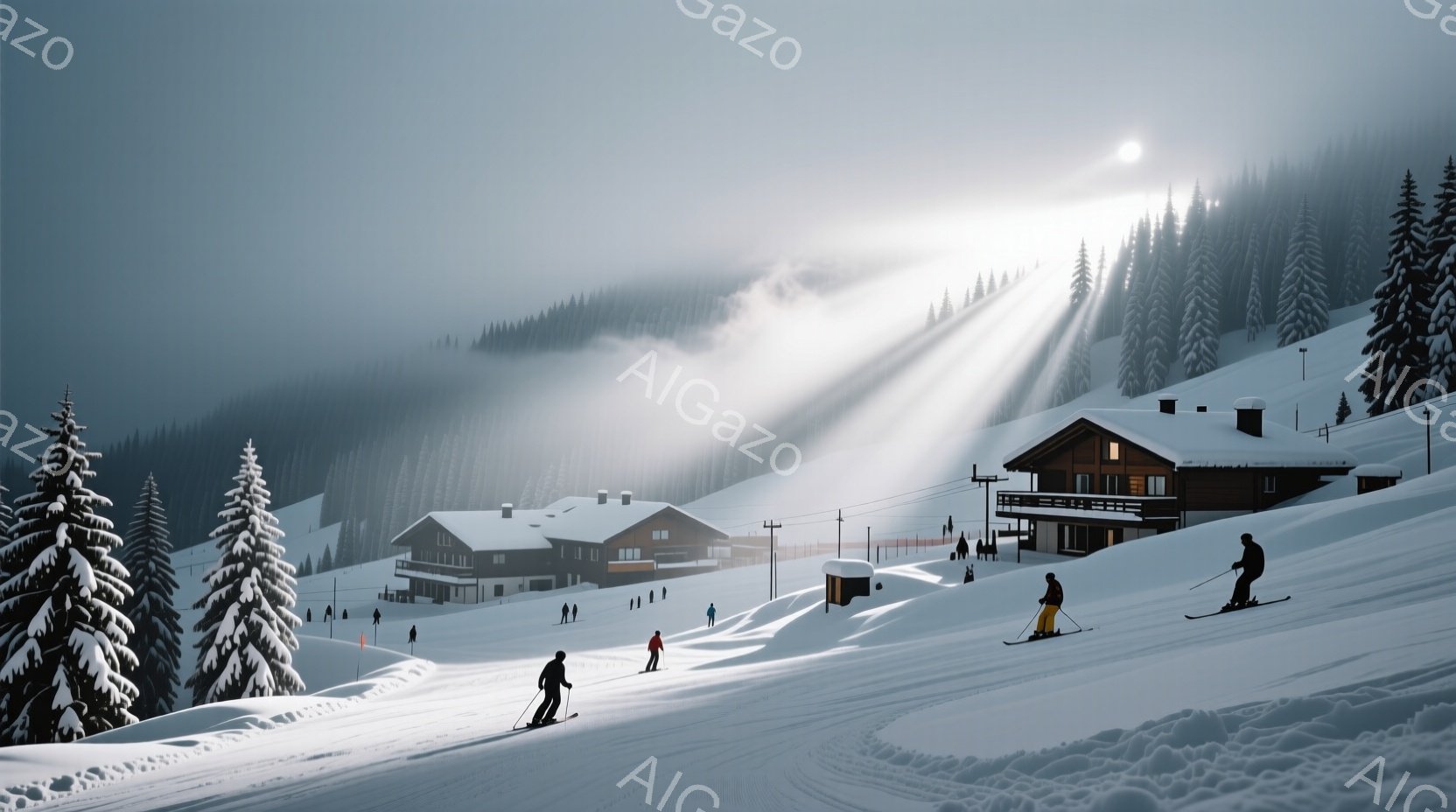 晴れた冬のスキー場で、雪が降り積もった斜面をスキーヤーが滑っている様子が描かれています。木造の建物が点在し、背景には雪を抱いた山々が広がり、太陽光線が雲間から差し込み幻想的な雰囲気を醸し出しています。 - AI生成フリー素材