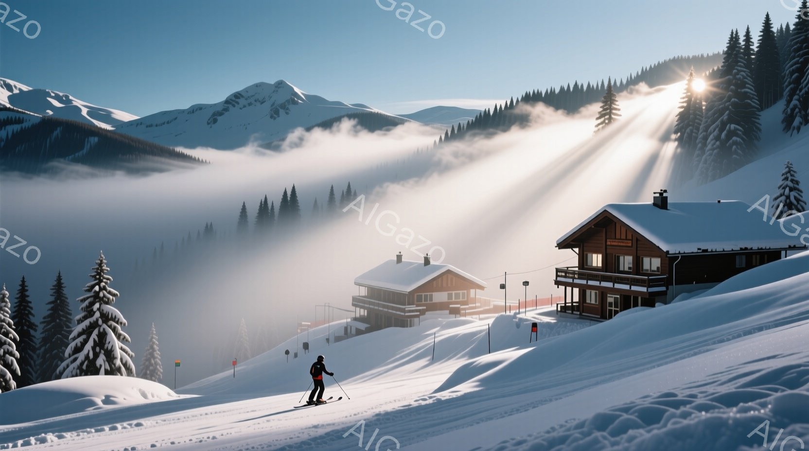 雪山の斜面をスキーヤーが滑走している様子が描かれている。背景には雪に覆われた山々と、屋根に雪が積もった山小屋が点在し、霧と太陽光が差し込む幻想的な光景が広がっている。全体的に静かで穏やかな冬の雰囲気が感じられる。
