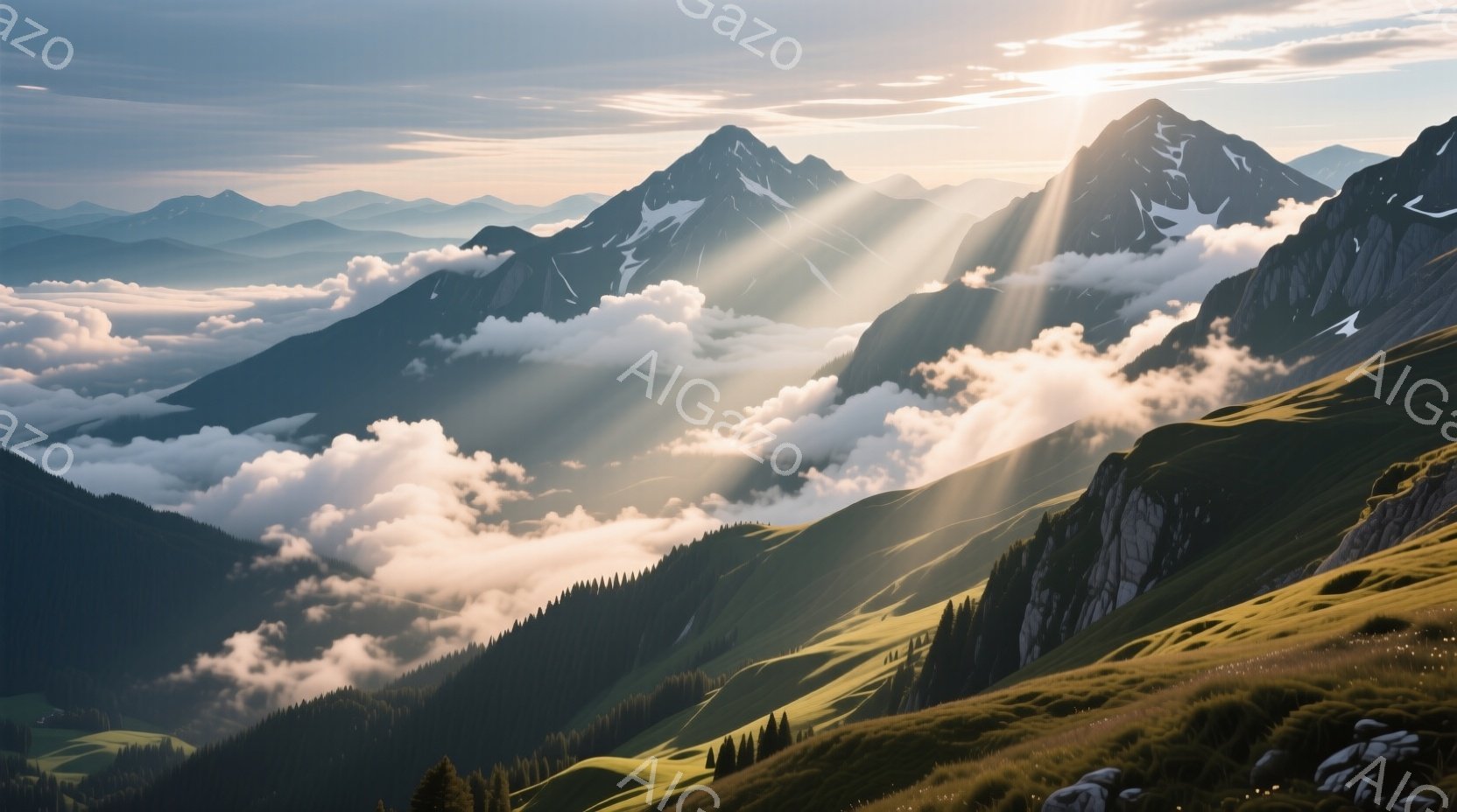険しい山々が雲海から顔を出し、朝日が差し込んでいる風景です。緑豊かな斜面には針葉樹林が広がり、強い光線が雲の間から差し込み、神秘的な雰囲気を醸し出しています。全体的に、雄大で荘厳な自然の美しさを捉えた、静寂と希望に満ちた光景です。
