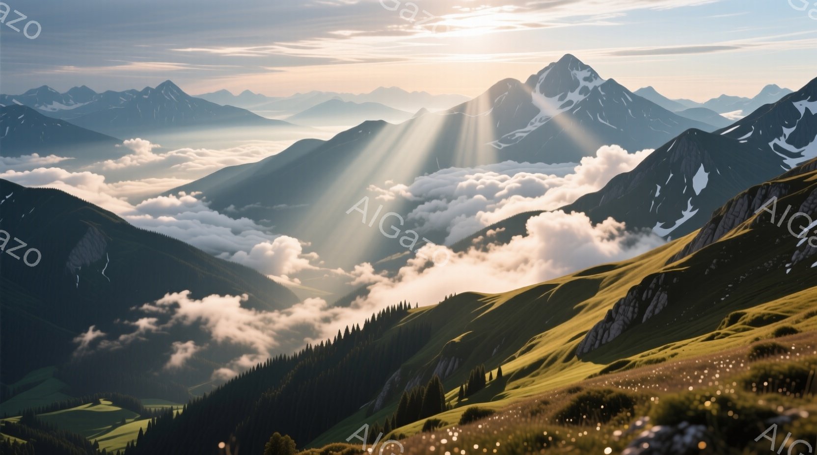 険しい山々が連なり、深い谷間には雲海が広がっている風景です。朝日の光線が雲海を照らし、山の稜線に沿って壮大な光芒を放っています。緑豊かな斜面には、かすかに花々が咲き、静寂で神秘的な雰囲気を醸し出しています。