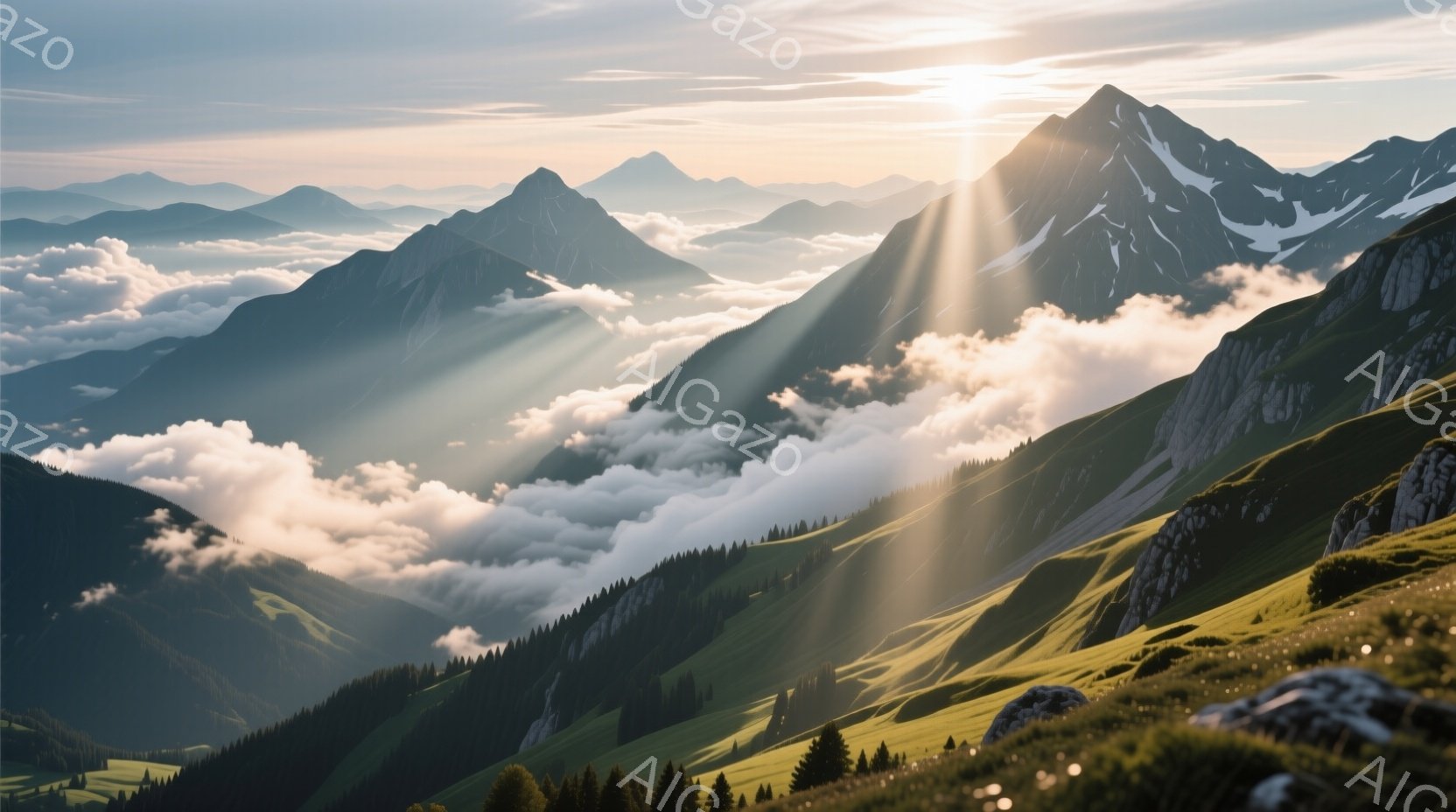 雄大な山々が雲海から顔を出し、緑豊かな斜面が広がる風景です。朝日が雲を突き抜け、神々しい光線が山肌を照らし出しています。全体的に静寂で神秘的な雰囲気が漂い、自然の力強さと美しさを感じさせます。 - AI生成フリー素材