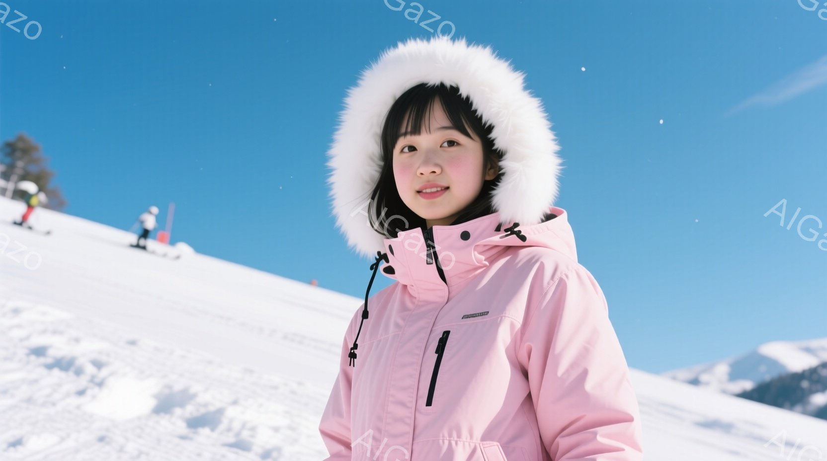 明るい雪景色の中で、ピンクのパーカーを着た若い女性がこちらを見ている。彼女は黒髪で、顔には微笑みが浮かび、冬の寒さから守るようにフードを深く被っている。背景には雪山と青空が広がり、スキーヤーの姿も見え、冬の日のアクティブな雰囲気が漂っている。