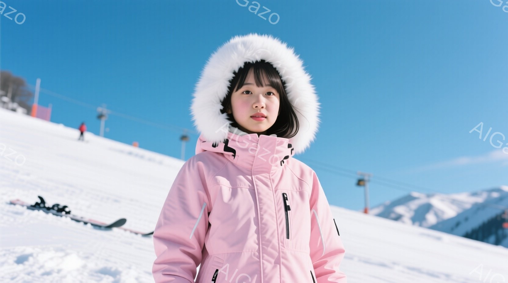 ピンク色のパーカー付きウィンタージャケットを着た若い女性が写っている。彼女は黒髪で前髪を下ろし、顔には穏やかな表情が浮かんでいる。背景には雪に覆われた山々と青空が広がり、スキー場の一角であることがわか - AI生成フリー素材
