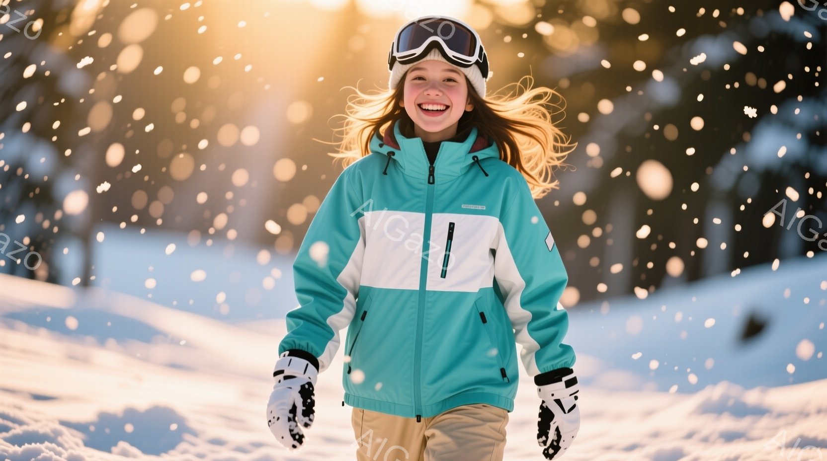 明るい雪景色の中で、少女が笑顔でこちらを見ている。ターコイズブルーと白のスキーウェア、茶色のズボン、そして黒い手袋とゴーグルを身に着けており、髪は風になびいている。背景には雪に覆われた木々とぼんやりと - AI生成フリー素材