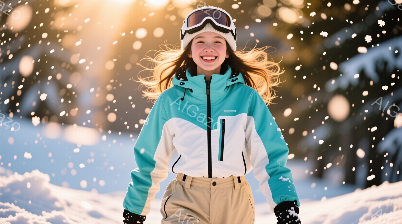 明るい青と白のスキーウェアを着た少女が、雪景色の中で笑顔で立っています。彼女は長い金髪を風になびかせ、ゴーグルをかけており、非常に楽しそうな表情をしています。背景には雪に覆われた木々と、太陽の光が差し - AI生成フリー素材