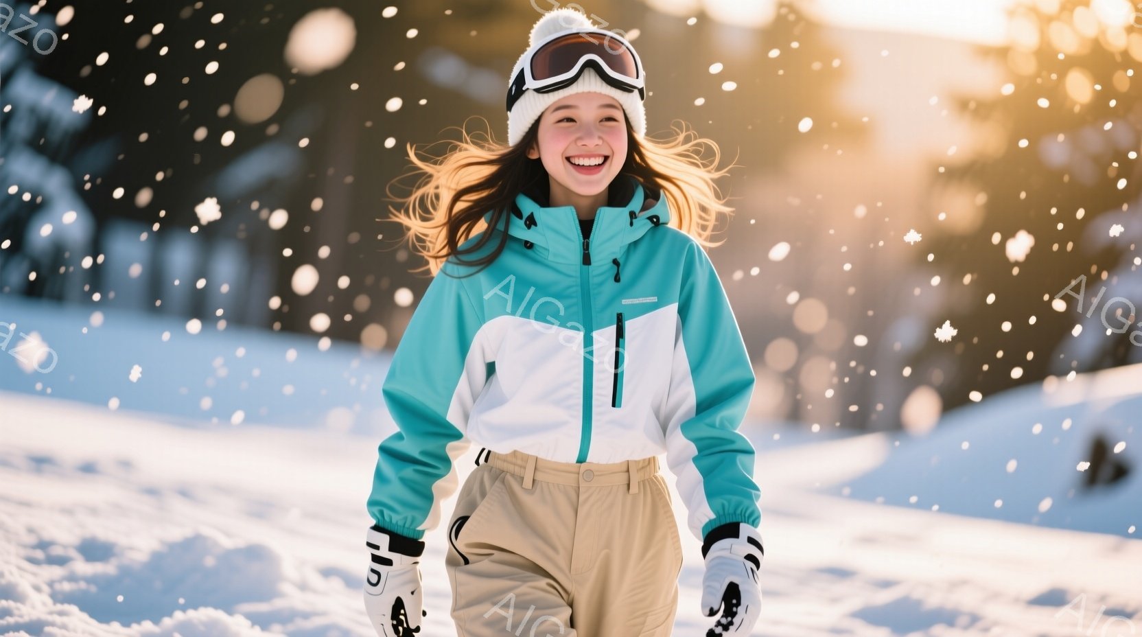 金髪をハーフアップにした女性が、雪原で明るく微笑んでいる。ターコイズブルーと白のスキーウェアにベージュのズボンを着用し、ゴーグルと手袋を装備している。背景は雪景色が広がり、光が差し込み、冬の爽やかな雰 - AI生成フリー素材