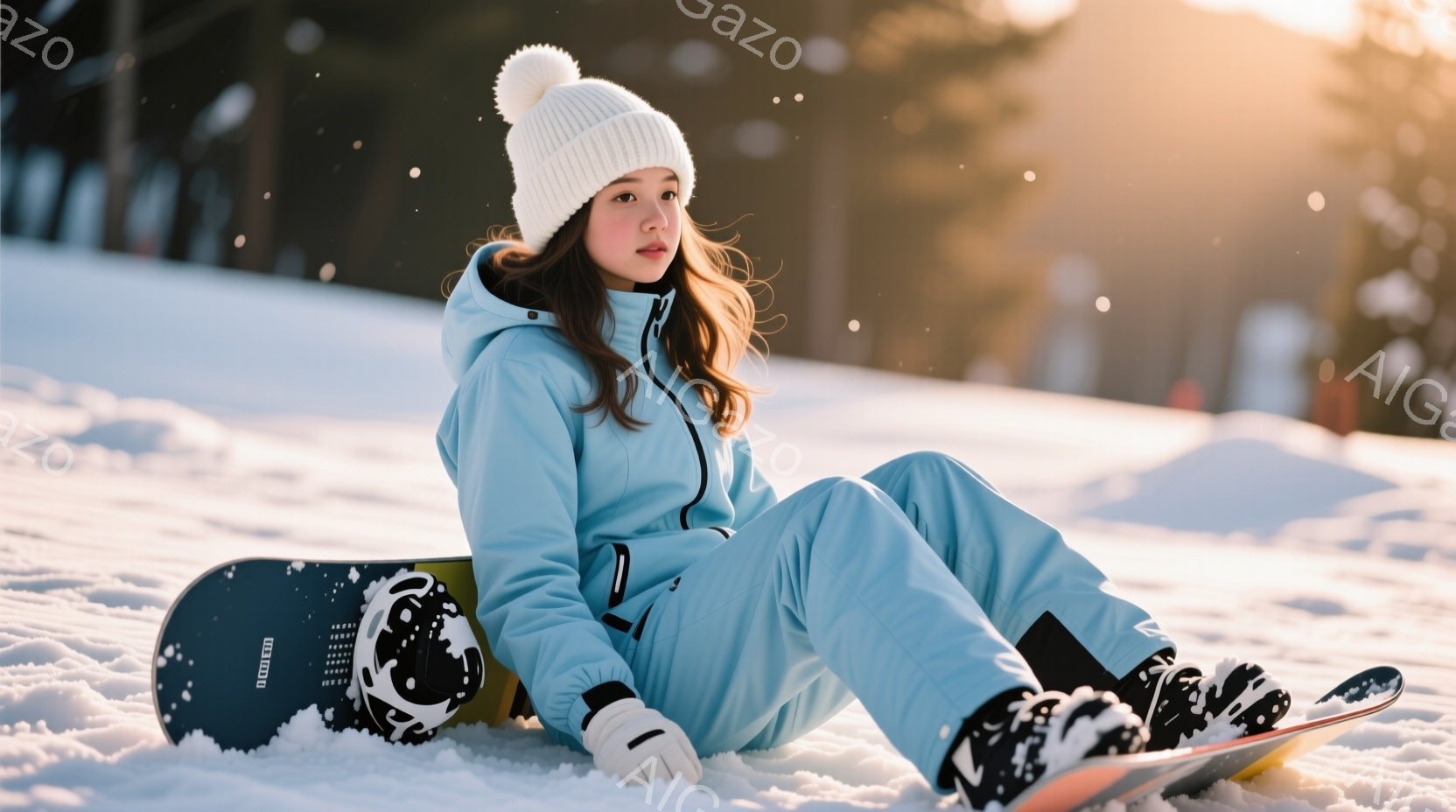 雪の上に座っている女性が写っています。水色のスキーウェアに白い帽子をかぶり、茶色の髪を耳元でまとめています。背景には雪景色が広がり、晴天で明るい雰囲気です。 - AI生成フリー素材