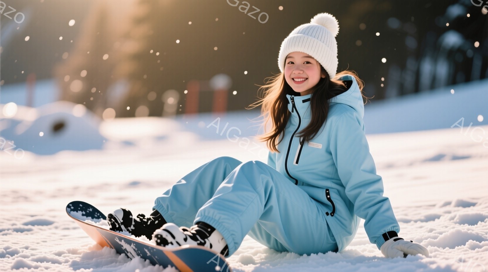 雪の上に座っている若い女性が写っています。彼女は水色のスキーウェアと白いニット帽を着用し、笑顔でカメラを見ています。背景には雪景色が広がり、穏やかで明るい冬の雰囲気が漂っています。 - AI生成フリー素材