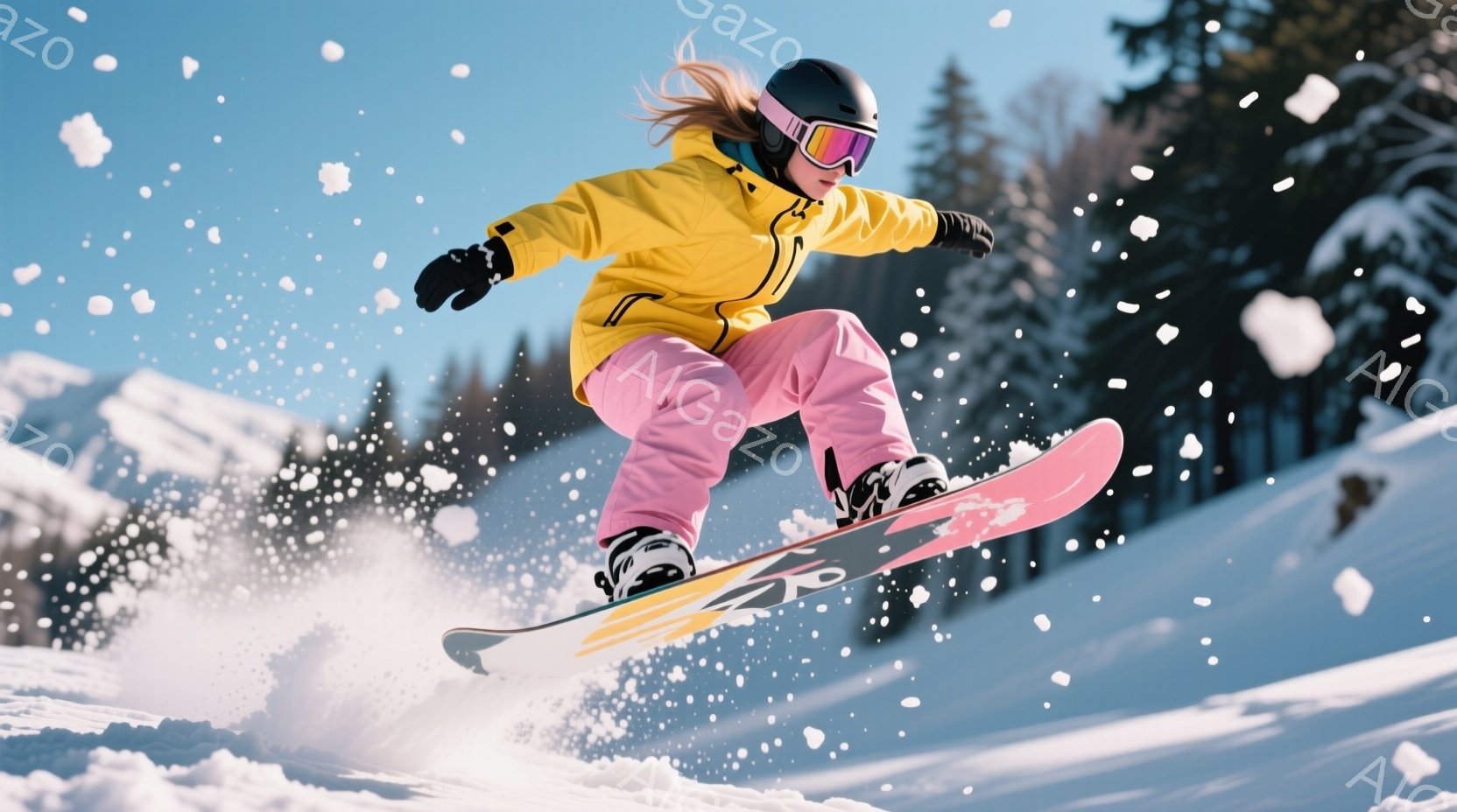 スノーボードをする女性が写っており、鮮やかなピンクのズボンと黄色のジャケット、ヘルメット、ゴーグルを身に着けている。彼女は空中でボードに乗っており、姿勢は安定しており、楽しそうな表情をしている。背景に - AI生成フリー素材