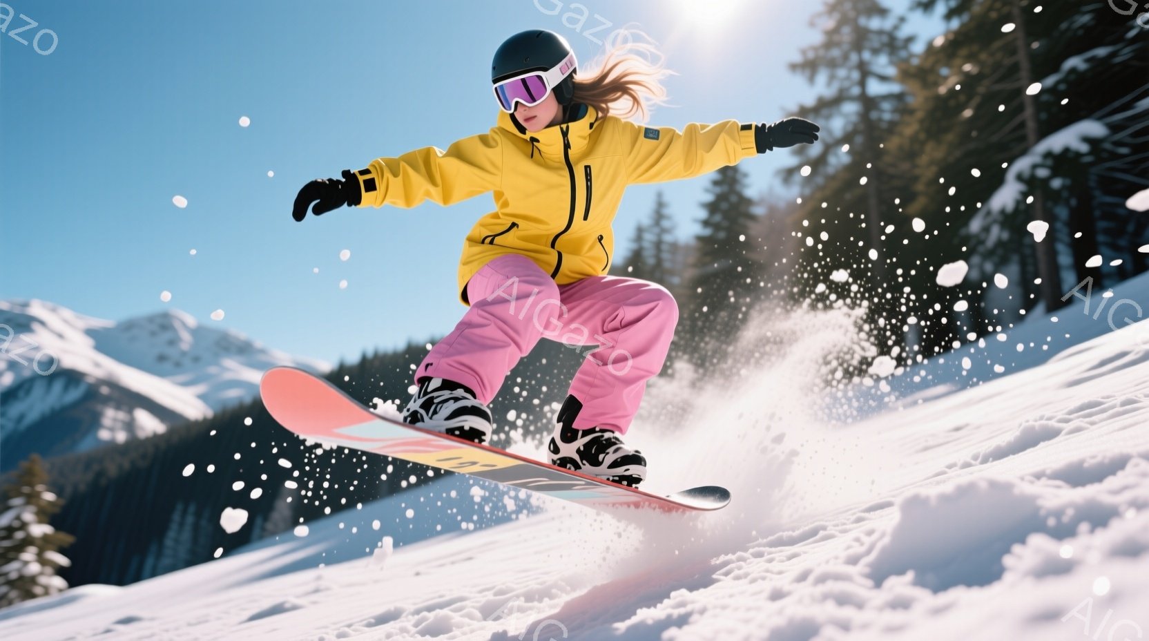 スノーボードを楽しむ女性が写っています。彼女は黄色いジャケット、ピンク色のズボン、黒いヘルメットとゴーグルを着用し、茶色の髪がゴーグルの下から少し覗いています。背景には雪山と針葉樹林が広がり、晴天の下 - AI生成フリー素材