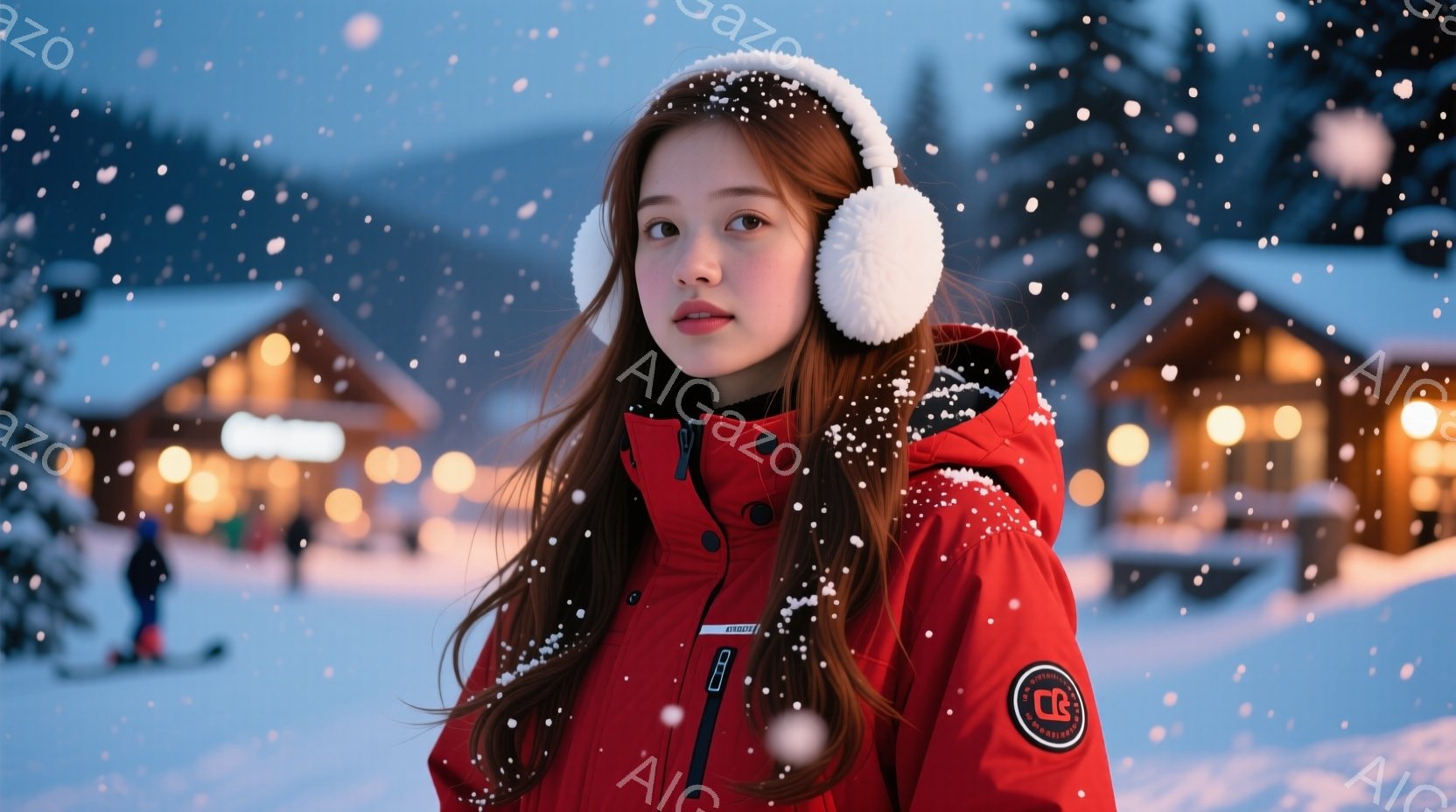 明るい赤色のスキーウェアに、白いイヤーマフをつけた若い女性が写っています。彼女は少し微笑んでおり、長い茶色の髪が肩にかかっています。背景には雪景色が広がり、遠くには暖かく光る建物が見え、雪が舞う幻想的 - AI生成フリー素材