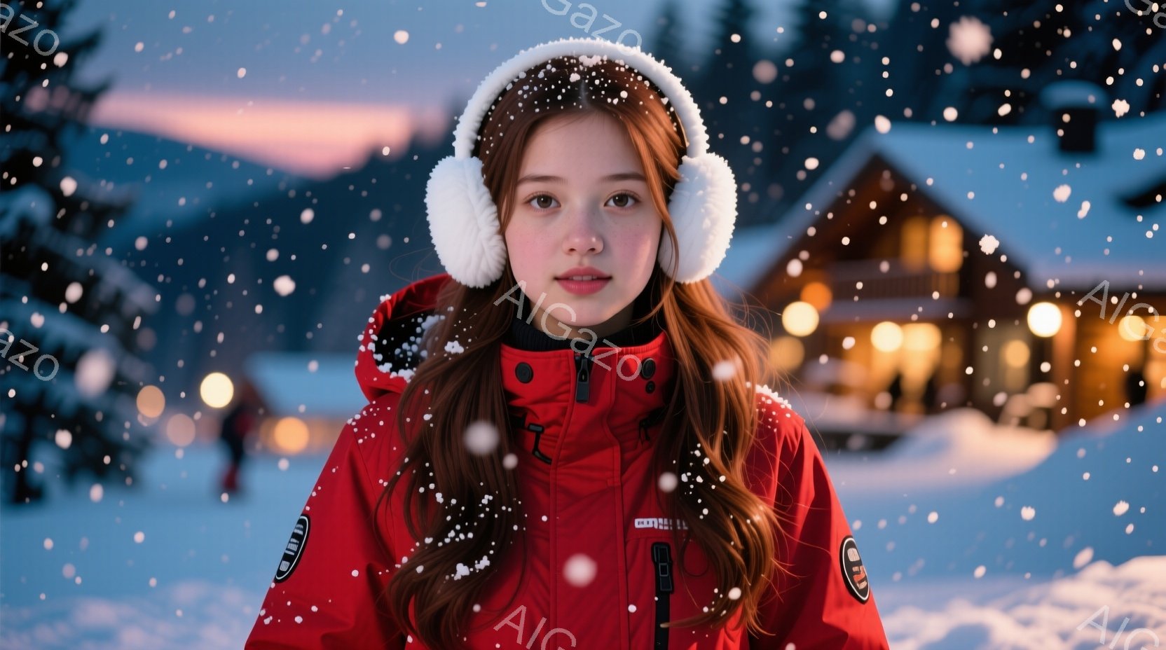 赤いスキーウェアに白い耳あてをつけた若い女性が正面を見つめています。彼女は長い茶色の髪を肩に垂らし、穏やかな表情を浮かべています。背景には雪景色が広がり、遠くにはライトアップされた建物が見え、全体的に冬の暖かく穏やかな雰囲気が漂っています。
