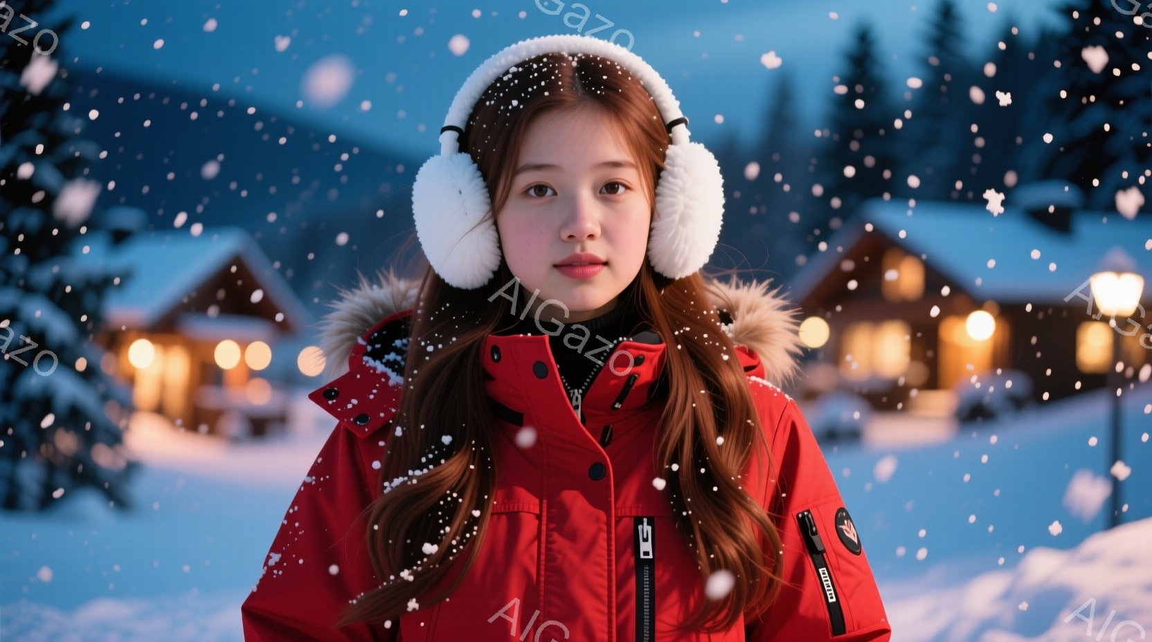 明るい赤色のウィンタージャケットを着た若い女性が写っています。彼女は長い茶色の髪を下げ、白いファー付きのヘッドホンを着用し、少し微笑んだ表情をしています。背景には雪が降り積もり、遠くには暖かく光る建物 - AI生成フリー素材