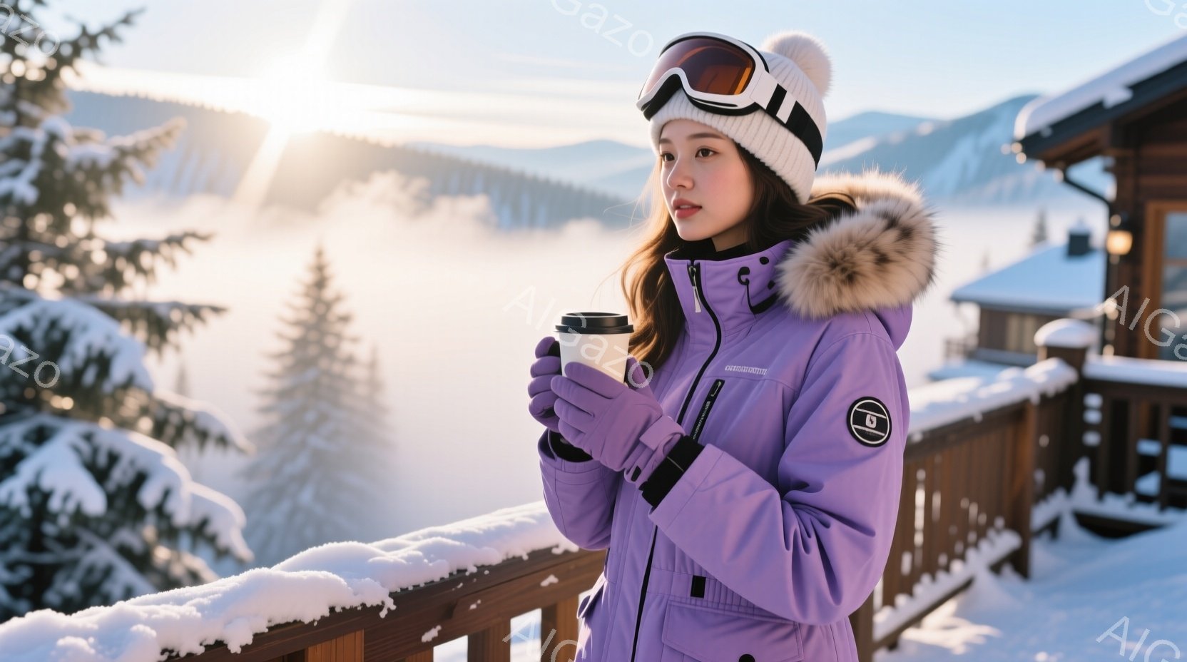 紫色のスキーウェアに身を包み、白いゴーグルと帽子を被った女性が映っている。彼女は暖かい飲み物を両手で抱え、雪景色を見つめながら少し微笑んでいる。背景には雪に覆われた山々と建物があり、晴天で穏やかな冬の - AI生成フリー素材