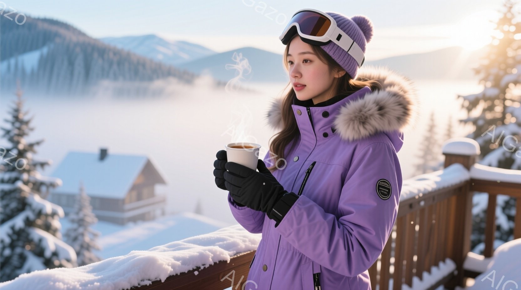 紫色のスキーウェアに身を包んだ女性が、雪景色を眺めながら温かい飲み物を手にしている。彼女は長い茶色の髪を後ろでまとめ、白いゴーグルと黒い手袋を着用しており、少し微笑みを浮かべている。背景には雪に覆われた山々と木々、そして遠くに見える可愛らしい木造の建物があり、穏やかで静寂な冬の雰囲気が漂っている。