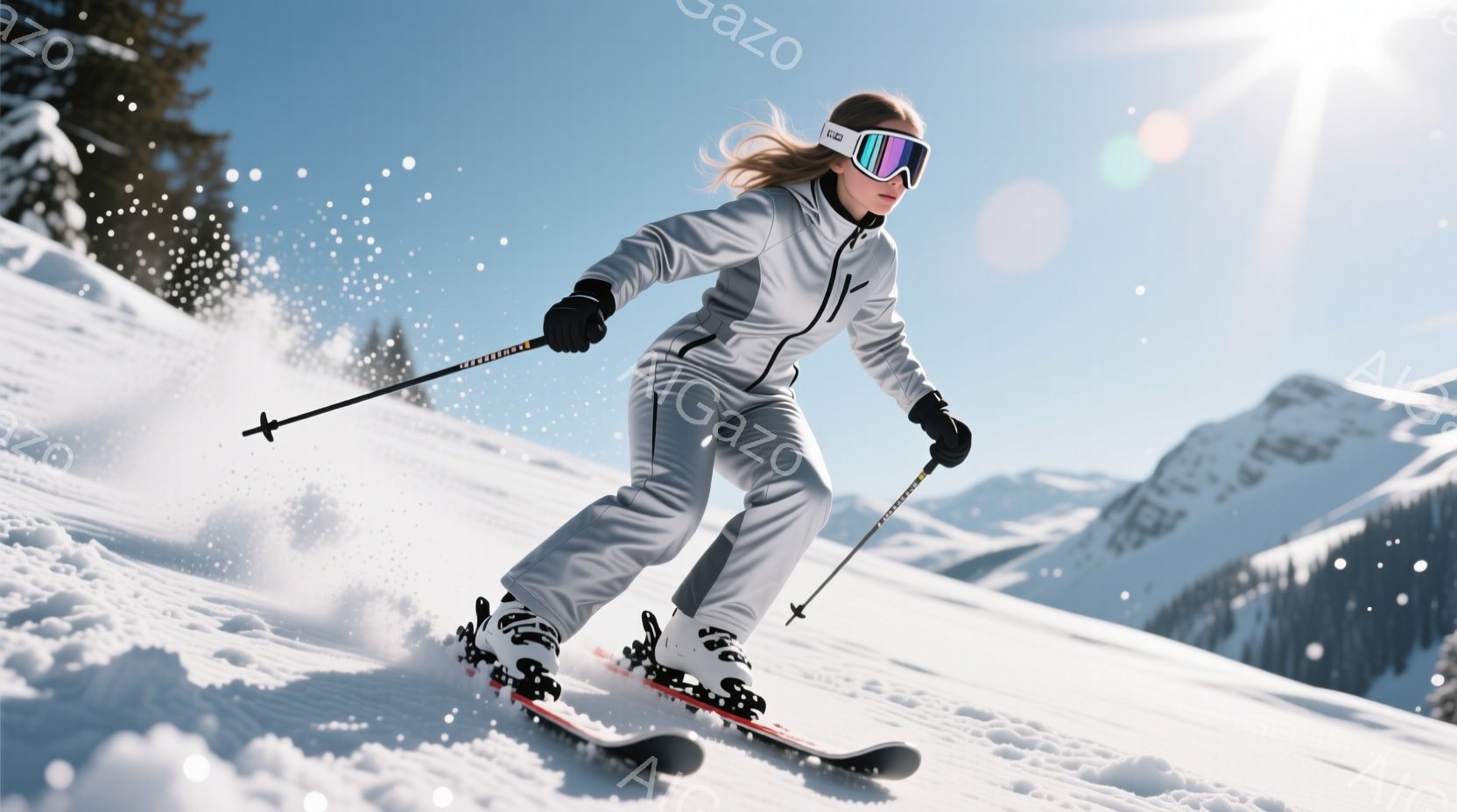 白いスキーウェアに身を包んだ女性が、雪山を滑走している様子が写っている。彼女はゴーグルを着用し、髪は風になびいている。背景には雪を頂いた山々と青空が広がり、晴天の下、爽やかなスキーを楽しんでいる様子が - AI生成フリー素材