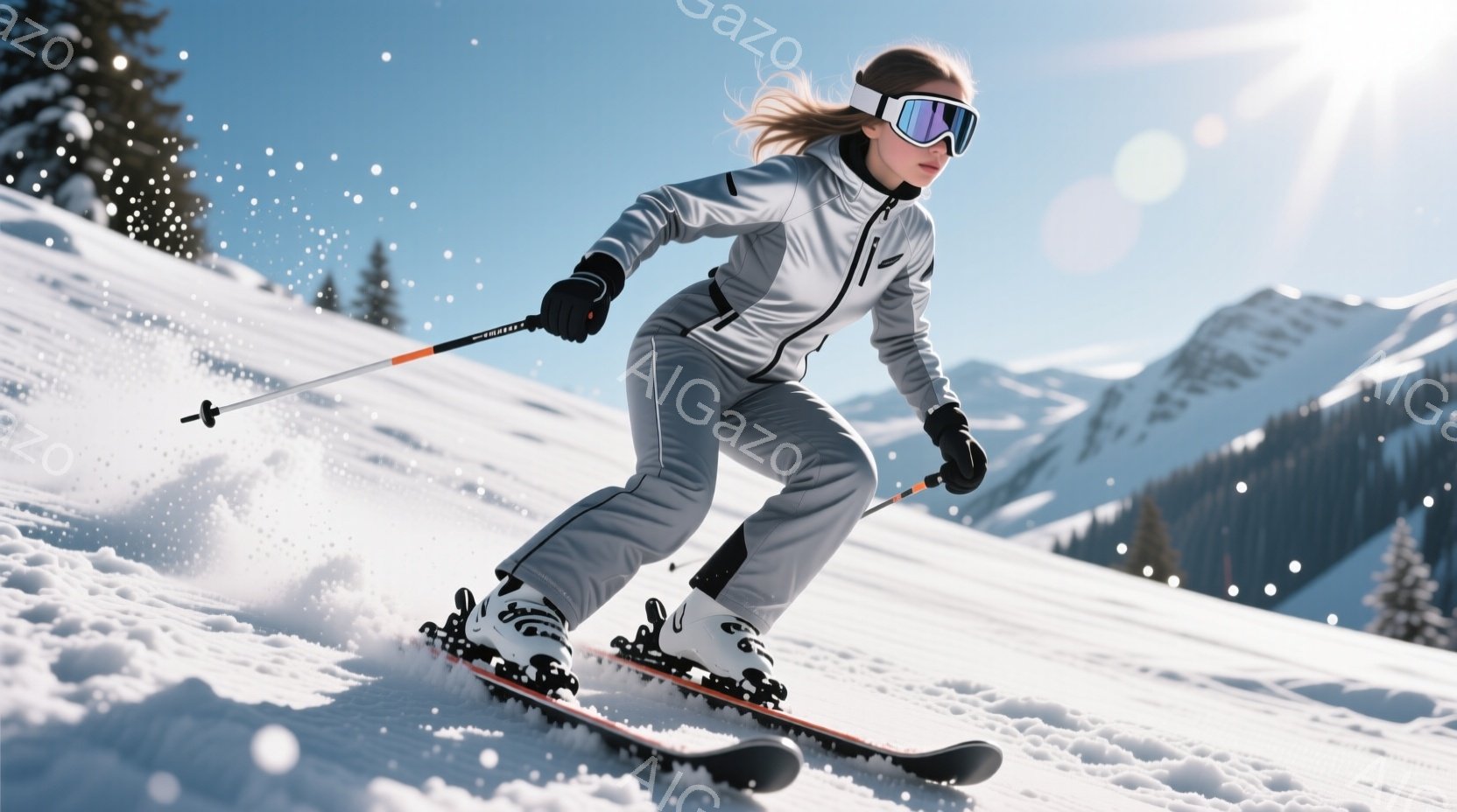 スキーヤーが雪山を滑降している様子が写っています。彼女はグレーのスキースーツ、黒い手袋、ゴーグルを着用し、髪を後ろでポニーテールにしています。背景には雪をまとった山々と晴天が広がり、活気あるウィンター - AI生成フリー素材