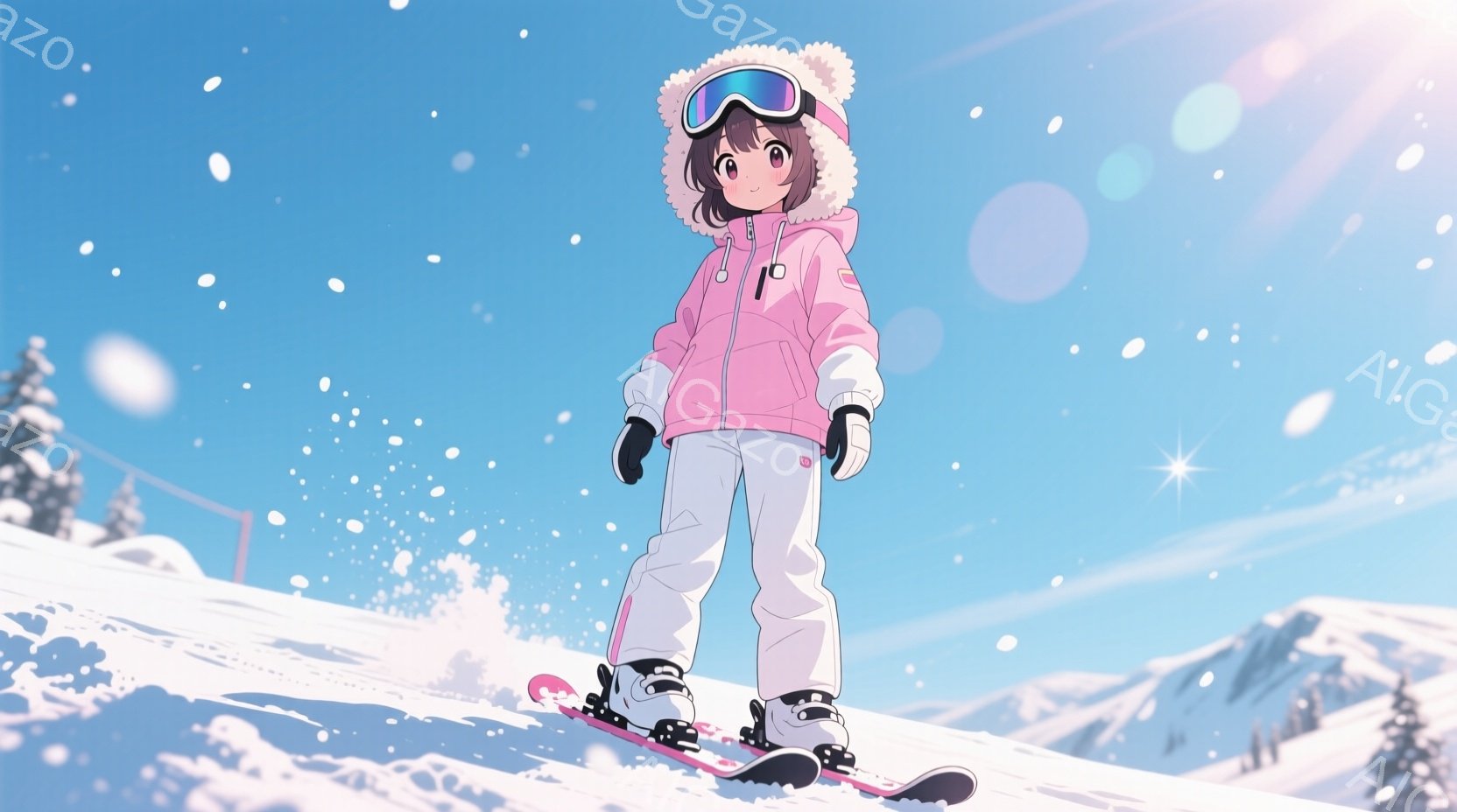 雪山を背景に、ピンク色のスノーボードウェアを着た少女が描かれています。彼女は白い帽子とゴーグルを身につけ、スノーボードの上に立って正面を見つめており、少し微笑んでいるように見えます。背景には雪に覆われ - AI生成フリー素材