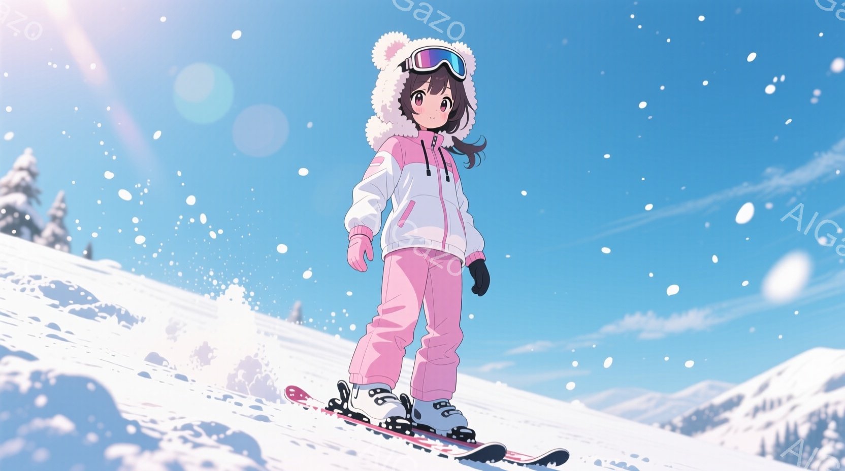 雪山の斜面でスキーをする少女が描かれています。彼女はピンクのスキーウェア、白いジャケット、毛皮の縁取りが付いたフード付きの帽子を着用し、黒髪を帽子から出しています。背景には雪を頂いた山々と青空が広がり - AI生成フリー素材