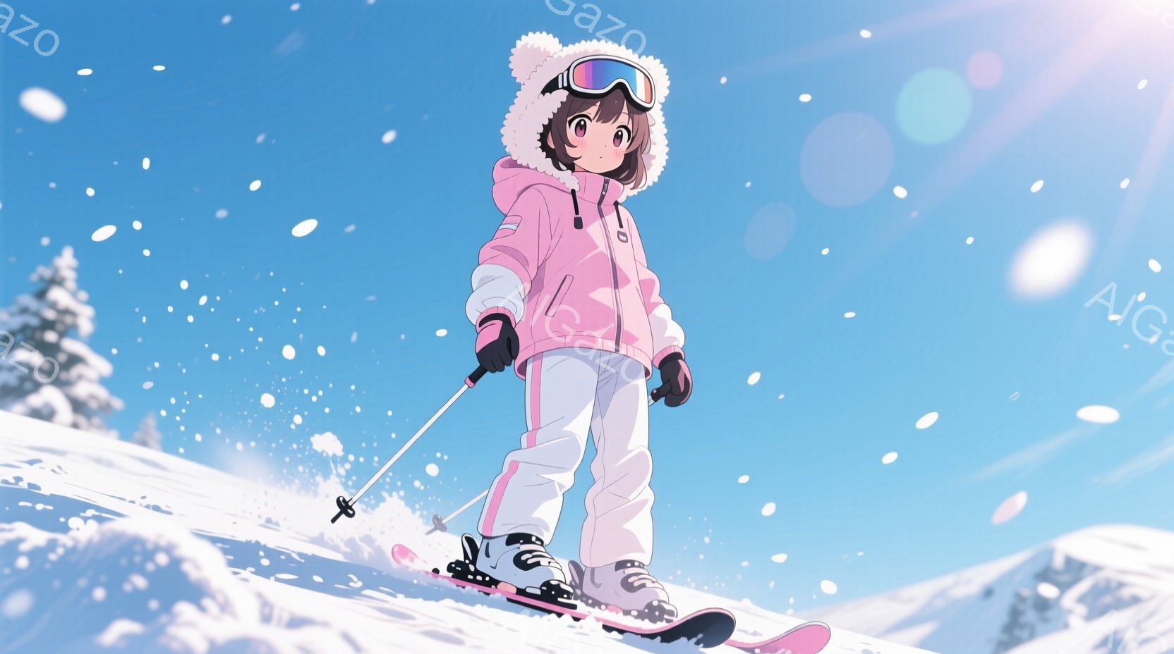 ピンク色のスキーウェアに身を包んだ少女が、雪山でスキーを楽しんでいます。彼女は黒髪で、頭にはファー付きのフードがついており、ゴーグルをかけて表情は少し見えません。背景には青空が広がり、遠くには雪を頂い - AI生成フリー素材