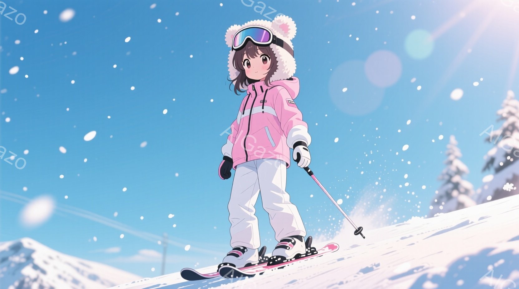 ピンク色のスキーウェアを着た少女が描かれています。彼女は白髪で、頭にポンポン付きの帽子をかぶり、ゴーグルをかけています。背景は雪山で、雪が舞い散り、晴天の下でスキーを楽しんでいる様子が伝わってきます。