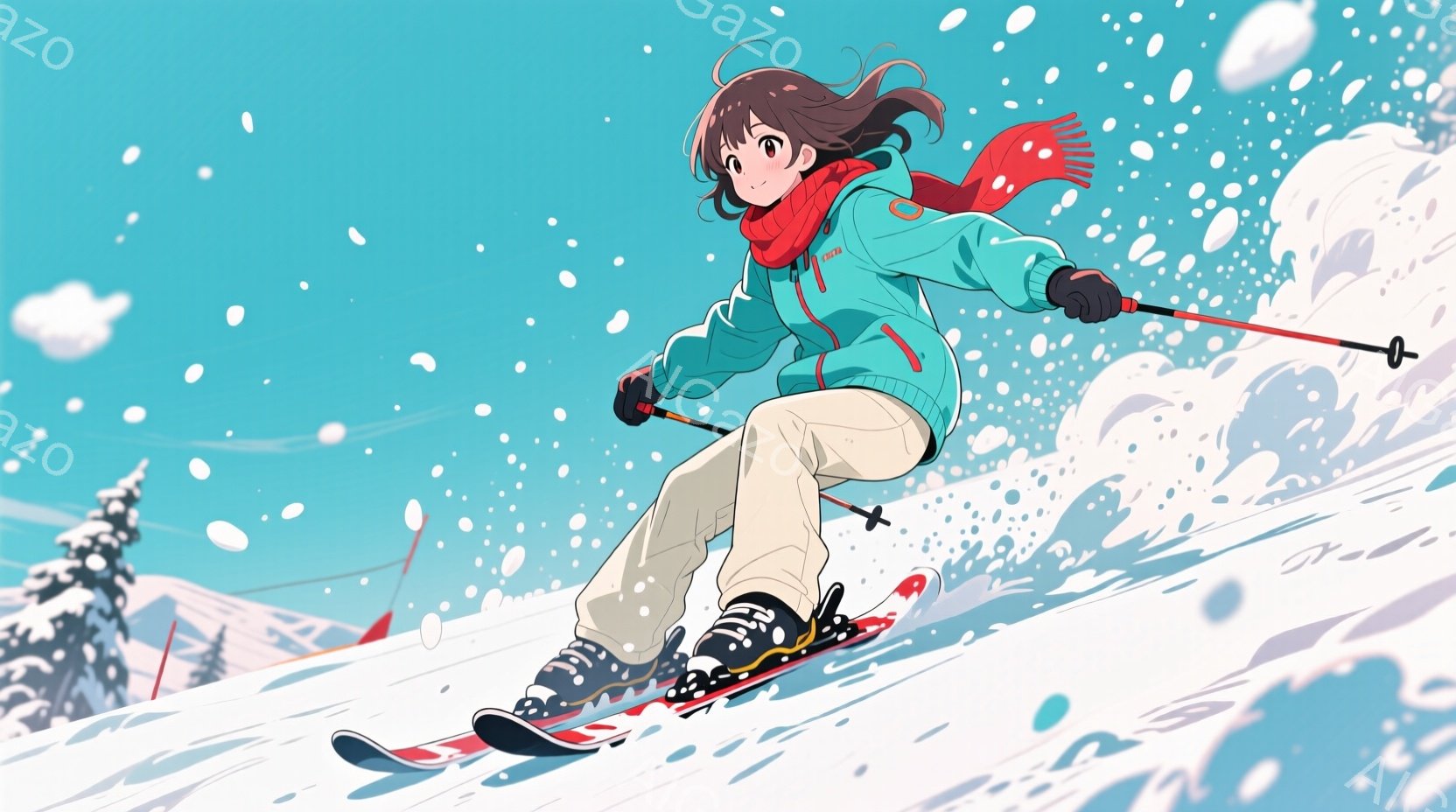 スキー場でスキーを楽しんでいる女性が描かれています。彼女はクリーム色のスキーウェアに赤いマフラーを巻き、黒いブーツとスキー板を履いています。背景には雪山とわずかな建物が見え、雪が舞い散る冬の景色が広がっています。