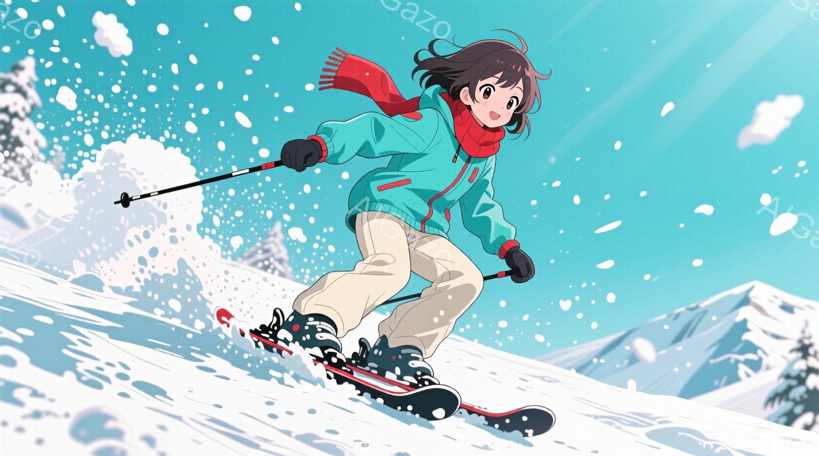 スキーをする少女が描かれています。彼女はターコイズブルーのジャケットにクリーム色のズボン、赤いマフラーを身に着け、黒いヘアスタイルで、少し微笑んでいます。背景には雪山と雪が舞っており、爽やかで活気のあ - AI生成フリー素材