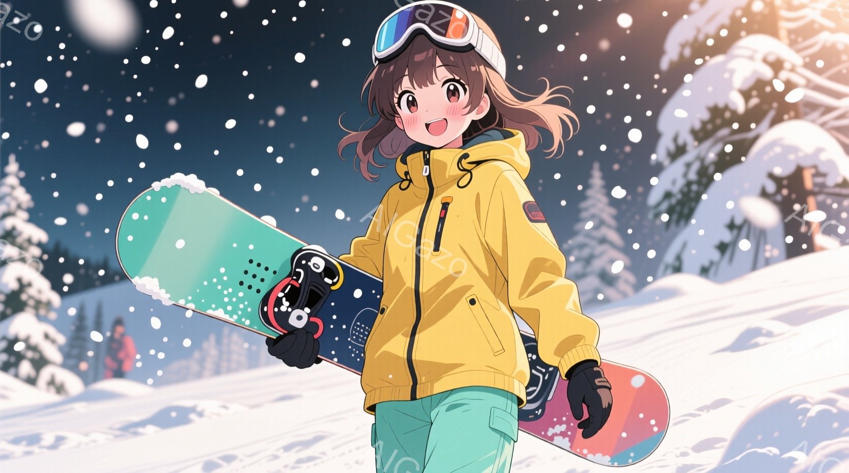 少女は黄色いジャケットとターコイズブルーのズボンを着用し、黒手袋をはめてスノーボードを肩に担いで立っています。彼女は茶色の巻き毛で、ゴーグルをかけ、明るい笑顔を浮かべています。背景は雪に覆われた山々と - AI生成フリー素材