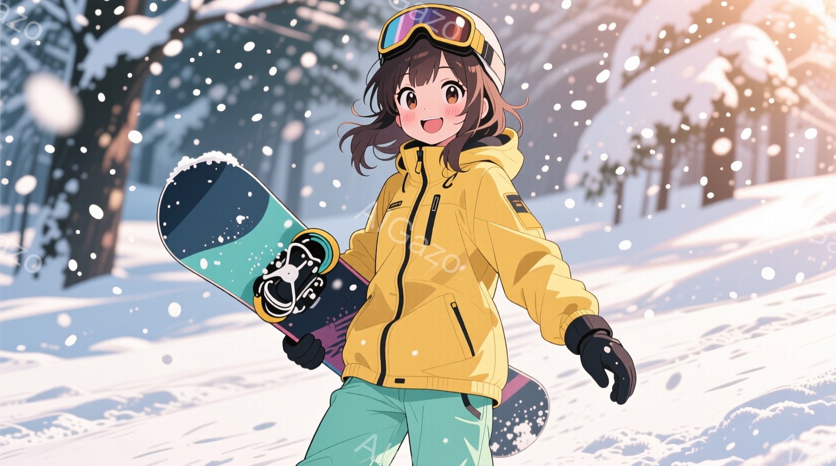 茶色の髪をした若い女性が、雪山を背景にスノーボードを抱えています。彼女は黄色のジャケット、水色のズボン、黒い手袋、ゴーグルを着用し、顔は明るい笑顔で、活気に満ちた雰囲気を醸し出しています。背景には、雪 - AI生成フリー素材