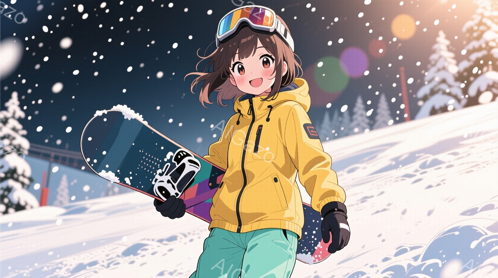 金髪の少女が、黄色いウィンタージャケットとターコイズブルーのズボンを身に着け、スキー板を肩に担いで立っている。彼女はゴーグルをかけ、頬を赤らめ、笑顔を見せている。背景には雪景色が広がり、遠くには松林と - AI生成フリー素材