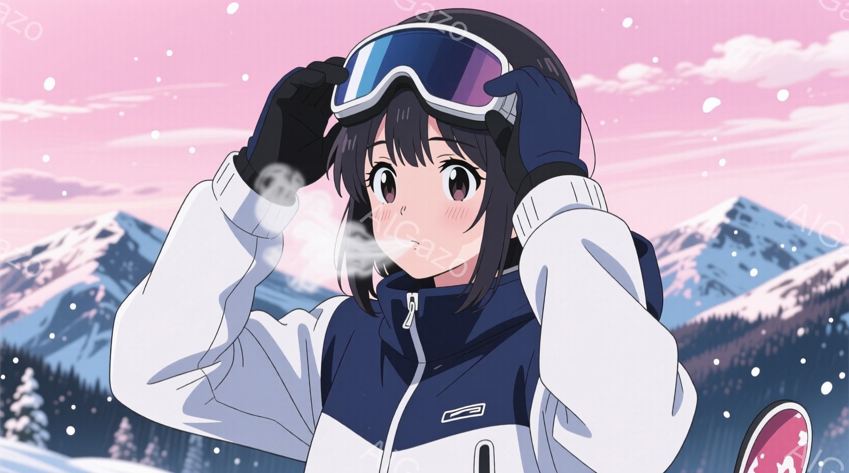 雪山を背景に、若い女性がスキーウェア姿で描かれている。彼女は紺色と白のジャケット、黒のスキーパンツを着用し、頭にはゴーグル、手には手袋をつけている。頬は寒さで赤らみ、少し微笑んだ表情で、冷たい息が湯気 - AI生成フリー素材