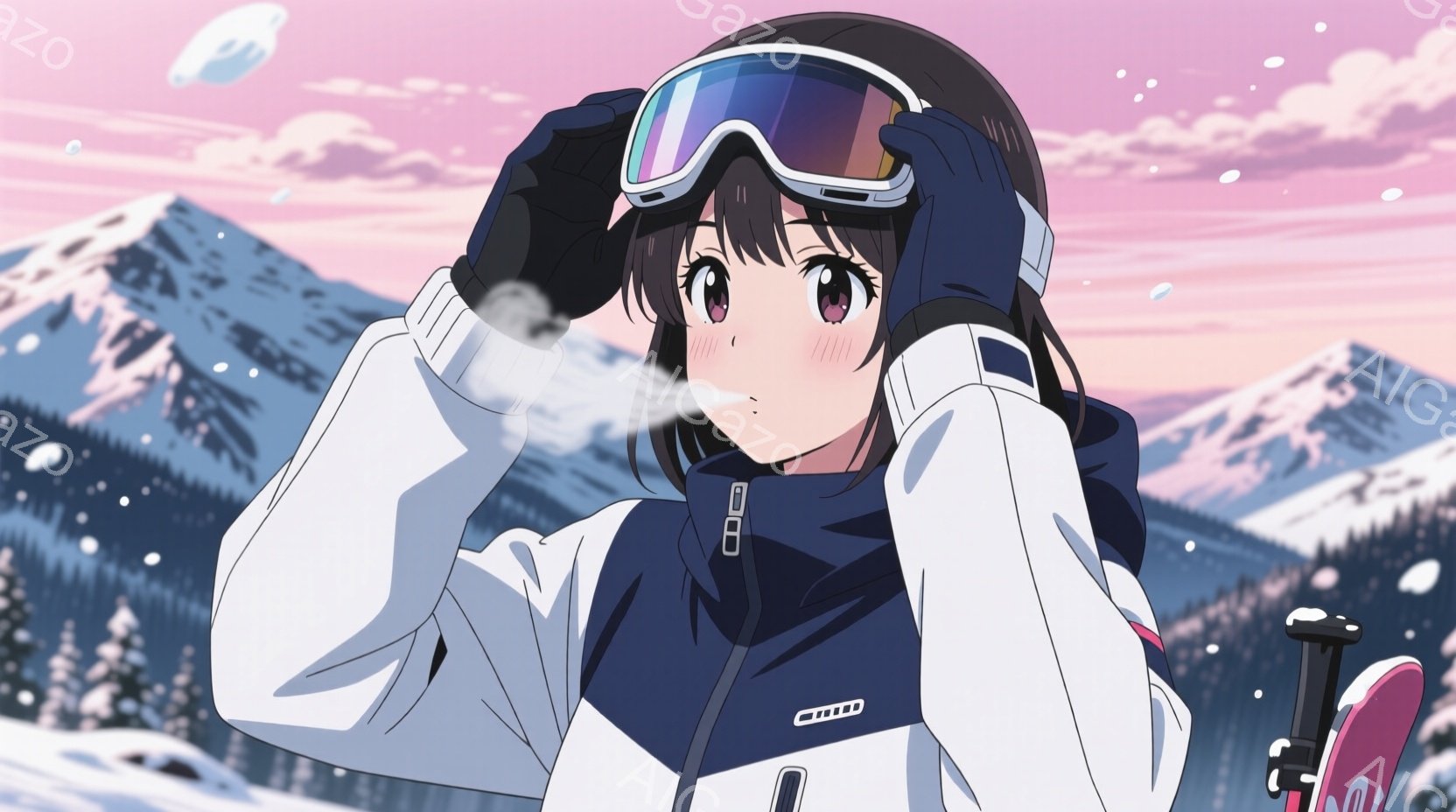 少女はスキーウェアとゴーグルを着用し、雪山を背景に立っています。彼女は少し頬を赤らめ、微笑みを浮かべており、冬の寒さの中で温かい雰囲気を醸し出しています。背景には雪をまとった山々が連なり、空はピンクと - AI生成フリー素材