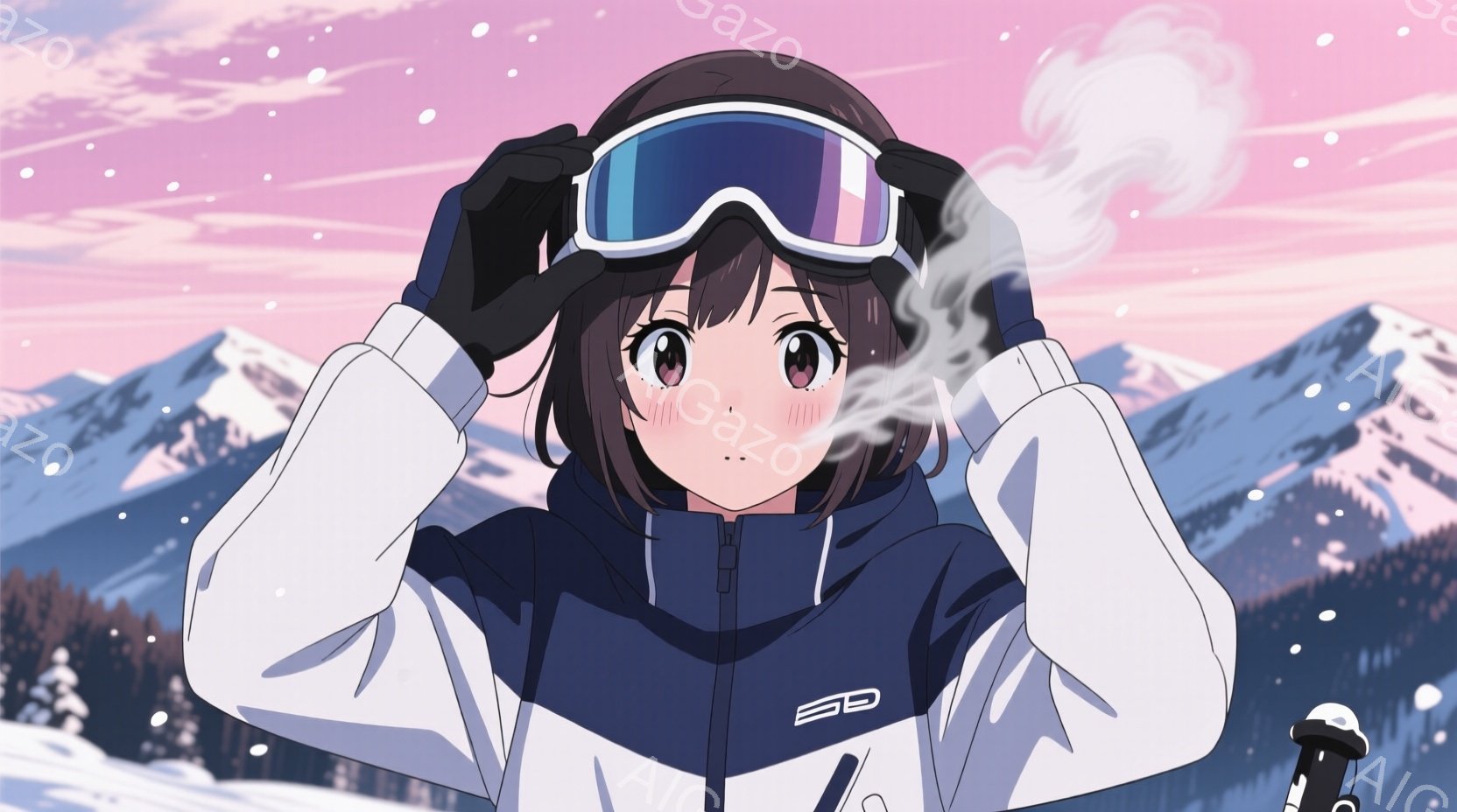 少女はスキーゴーグルを頭に乗せようとしており、黒髪の毛先が少し覗いています。彼女は白いスキーウェアに身を包み、やや上目遣いで微笑んでおり、頬は赤らんでいます。背景には雪山が連なり、雪が舞い散る冬の景色が広がっています。